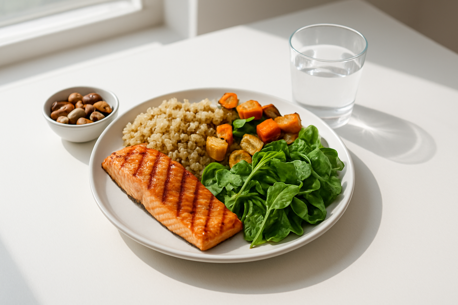 Create a realistic image of a nutritious meal spread on a clean white dining table featuring a balanced plate with grilled salmon, quinoa, roasted vegetables, and leafy greens, accompanied by a glass of water and a small bowl of mixed nuts, with natural daylight streaming through a window creating soft shadows, shot from a slight overhead angle to showcase the colorful, healthy food arrangement that represents optimal nutrition during eating periods, absolutely NO text should be in the scene.