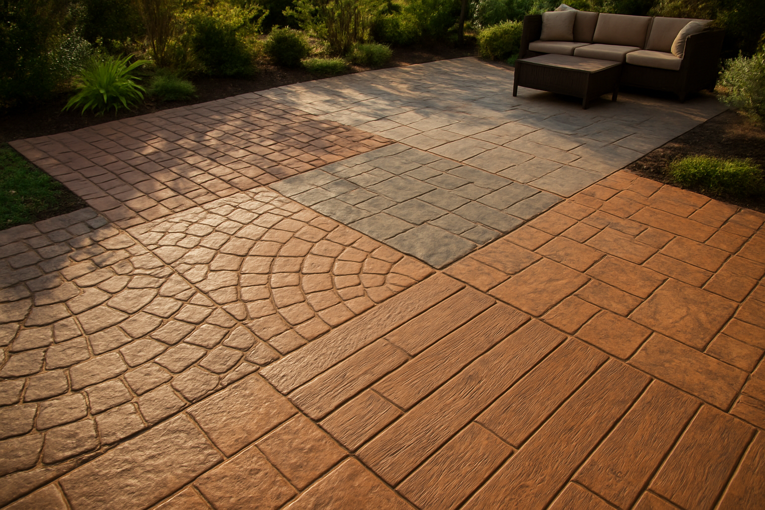 Create a realistic image of a beautiful outdoor patio showcasing multiple stamped concrete patterns in different sections, featuring various popular designs like cobblestone, brick, slate, and wood plank textures, with warm afternoon sunlight casting gentle shadows across the textured surfaces, surrounded by landscaped garden areas with green plants and outdoor furniture in the background, shot from an elevated angle to clearly display the intricate pattern details and textures of the stamped concrete work, with natural lighting that highlights the dimensional quality of each stamped pattern, absolutely NO text should be in the scene.