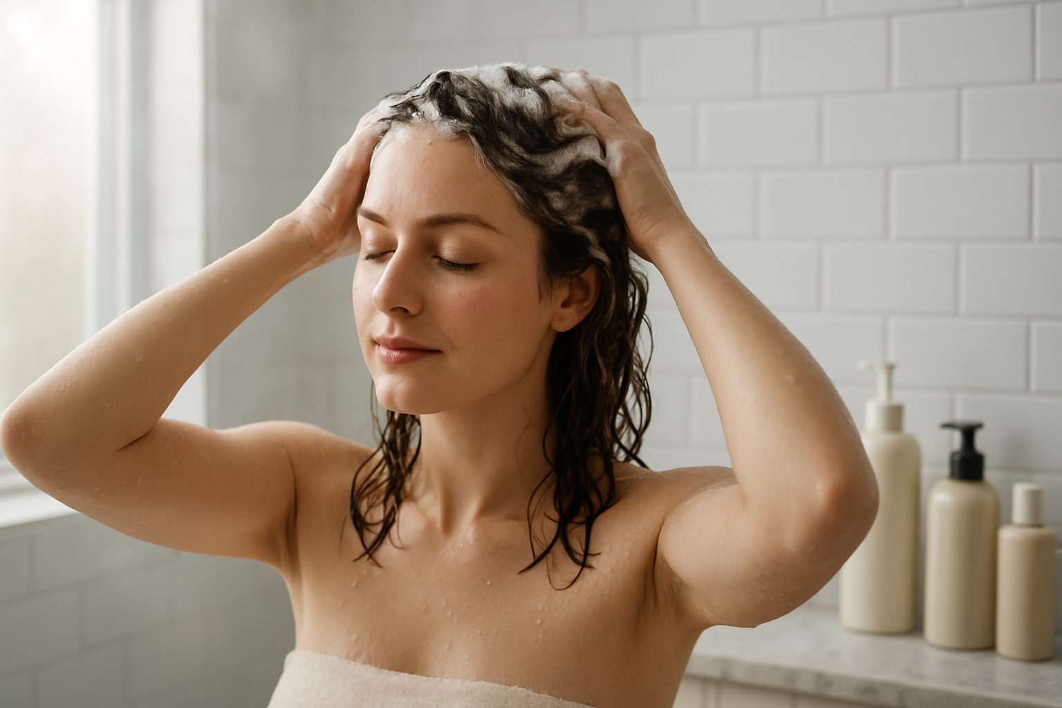 Create a realistic image of a white female with shoulder-length brown hair standing in a modern bathroom, gently massaging shampoo into her wet hair with both hands, white foam visible in her hair, water droplets on her shoulders, clean white subway tiles in the background, soft natural lighting from a window, steam slightly visible in the air, bottles of hair care products arranged neatly on a marble countertop, the scene conveying a peaceful morning routine atmosphere, absolutely NO text should be in the scene.