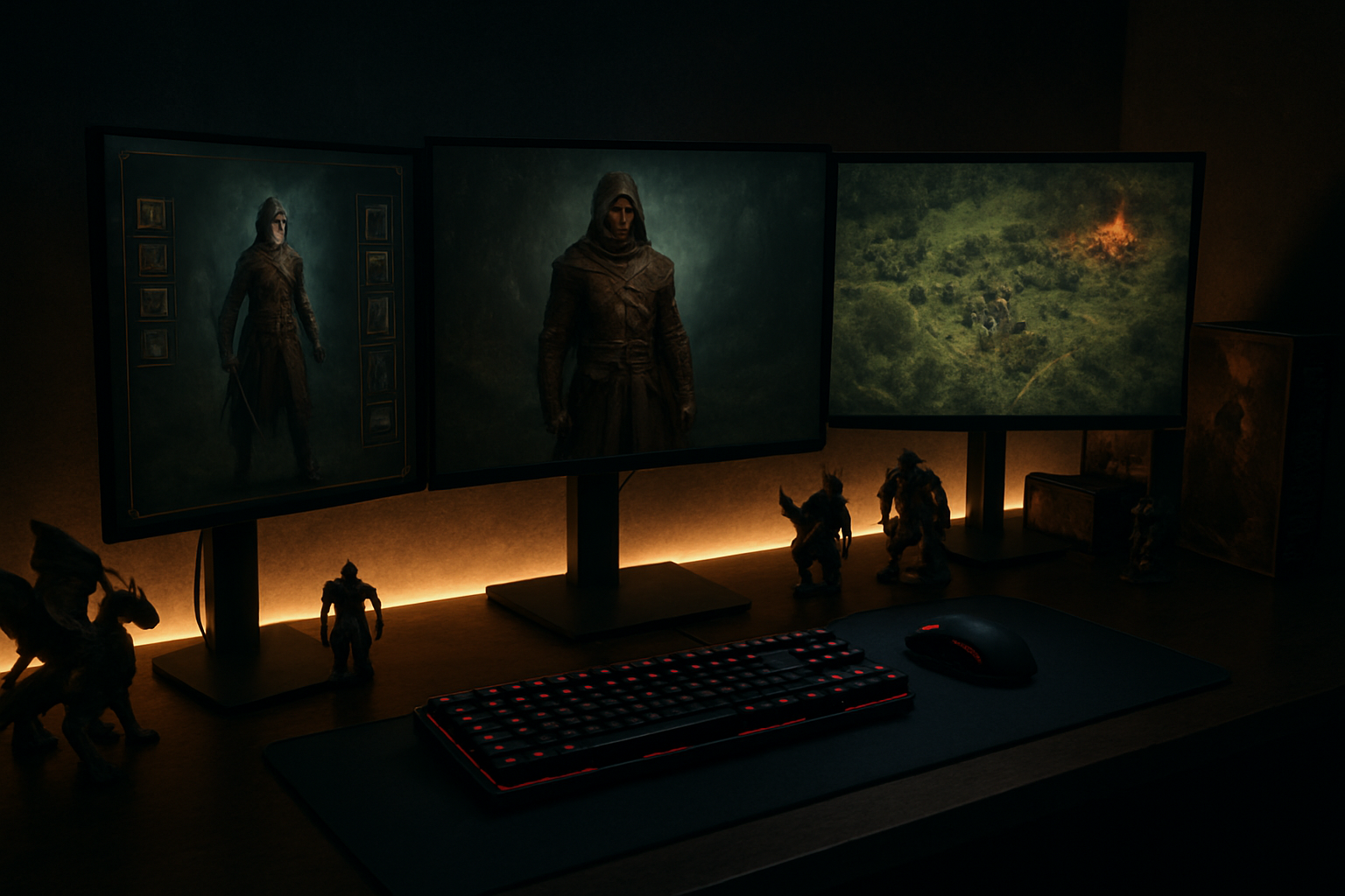 Create a realistic image of a dark atmospheric gaming setup featuring multiple computer monitors displaying fantasy RPG character creation screens and strategy game battle maps, with gaming peripherals like mechanical keyboards and gaming mice on a sleek desk, surrounded by collectible fantasy figurines and strategy game boxes, warm LED lighting casting dramatic shadows, creating an immersive hardcore gaming environment that conveys depth and strategic thinking, absolutely NO text should be in the scene.