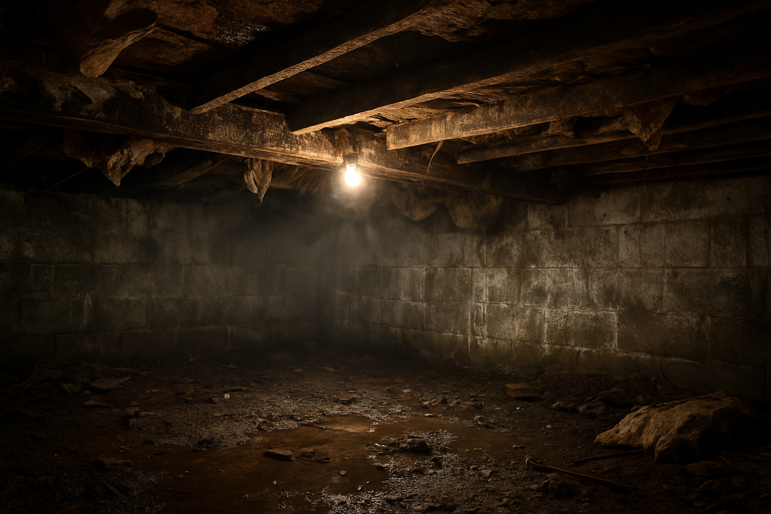 Create a realistic image of a damaged crawl space interior showing clear signs that encapsulation is needed, featuring exposed dirt floor with visible moisture and puddles, wooden floor joists with obvious mold growth and dark stains, sagging or damaged insulation hanging down, concrete foundation walls with white efflorescence mineral deposits and water stains, high humidity creating a foggy atmosphere, poor lighting from a single bare bulb creating dramatic shadows, scattered debris and deteriorating materials on the ground, with an overall damp and unhealthy environment that clearly demonstrates the need for professional crawl space encapsulation, absolutely NO text should be in the scene.