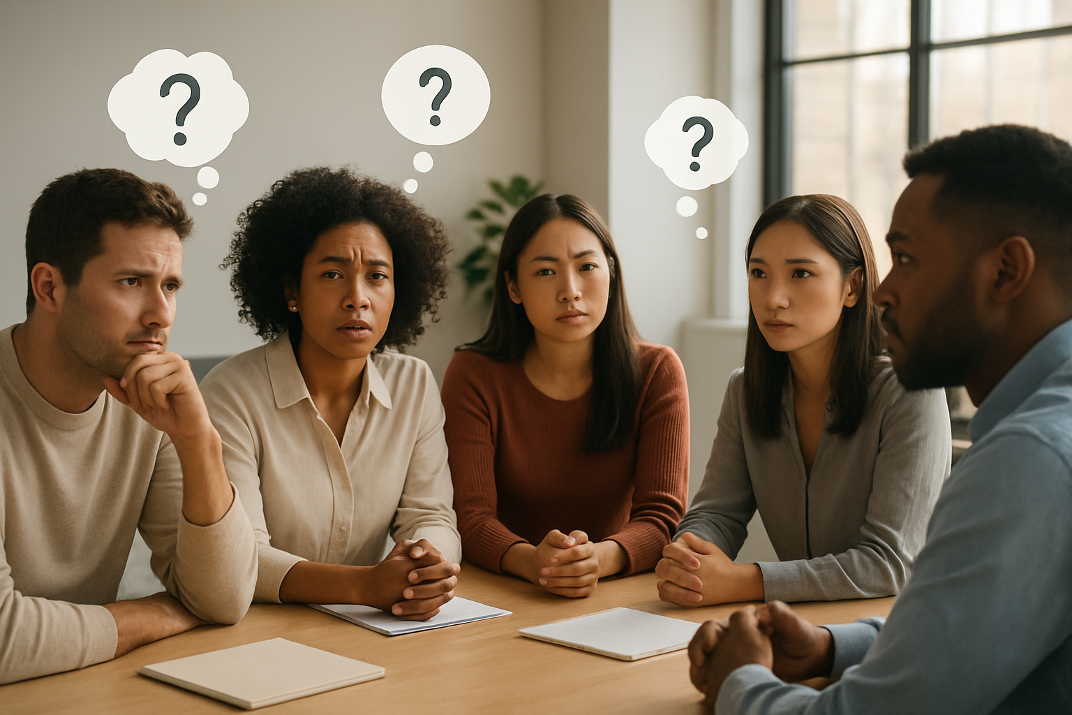 Create a realistic image of a diverse group of people in a modern office or meeting room setting, with individuals of different races and genders sitting around a table, some looking puzzled or confused while others appear to be listening intently, representing miscommunication and the need for clarity, with thought bubbles or question marks floating above some heads to symbolize assumptions and unclear thinking, warm natural lighting streaming through windows, calm and contemplative atmosphere, absolutely NO text should be in the scene.