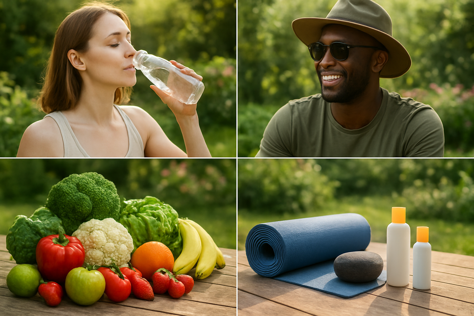 Create a realistic image of a diverse group showing lifestyle modifications for skin health prevention, featuring a white female drinking water from a glass bottle, a black male wearing a wide-brimmed hat and sunglasses outdoors, fresh fruits and vegetables arranged on a wooden table, a yoga mat with meditation props, sunscreen bottles, and a peaceful garden setting with natural lighting, conveying a healthy wellness atmosphere focused on natural skincare prevention through daily habits, absolutely NO text should be in the scene.