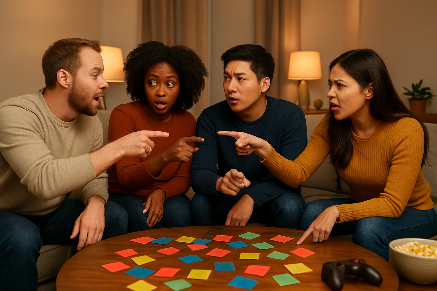 Create a realistic image of a diverse group of friends gathered around a living room coffee table playing party games, featuring a white male, black female, Asian male, and Hispanic female sitting on a comfortable sectional sofa, with colorful board game cards scattered on the wooden table, finger-pointing gestures suggesting social deduction gameplay, warm ambient lighting from table lamps creating a cozy evening atmosphere, gaming controllers and snack bowls visible in the background, expressions of excitement and suspicion on their faces as they engage in animated discussion, modern home interior setting with soft lighting, absolutely NO text should be in the scene.