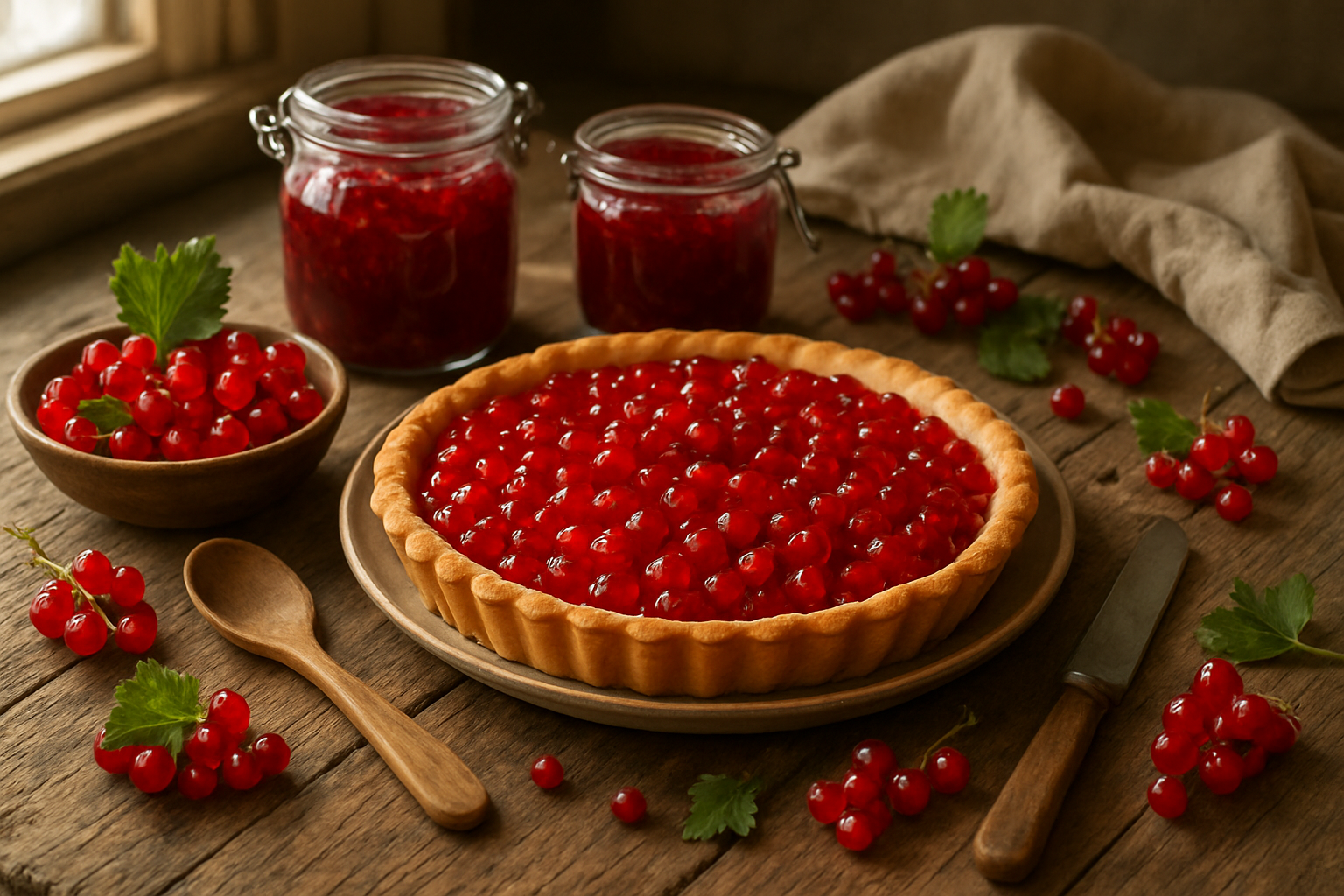 Create a realistic image of a rustic wooden kitchen table showcasing various red currant culinary creations including fresh red currant tart with golden pastry crust, glass jars of red currant jam with bright ruby color, a small bowl of fresh red currants as garnish, wooden spoons, vintage kitchen utensils, and scattered fresh red currant clusters with green leaves, all arranged in warm natural lighting from a nearby window, creating an inviting homestyle cooking atmosphere with soft shadows and rich textures. Absolutely NO text should be in the scene.