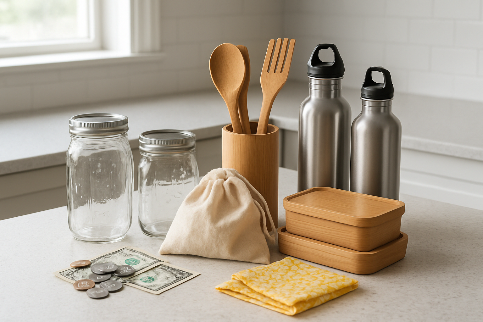 Create a realistic image of a kitchen counter displaying an array of budget-friendly plastic alternatives including glass mason jars, bamboo utensils, cloth produce bags, stainless steel water bottles, wooden storage containers, and beeswax food wraps, with some coins and dollar bills scattered nearby to emphasize affordability, set against a clean modern kitchen background with natural lighting from a window, creating a practical and accessible mood that shows sustainable living is achievable on any budget, absolutely NO text should be in the scene.