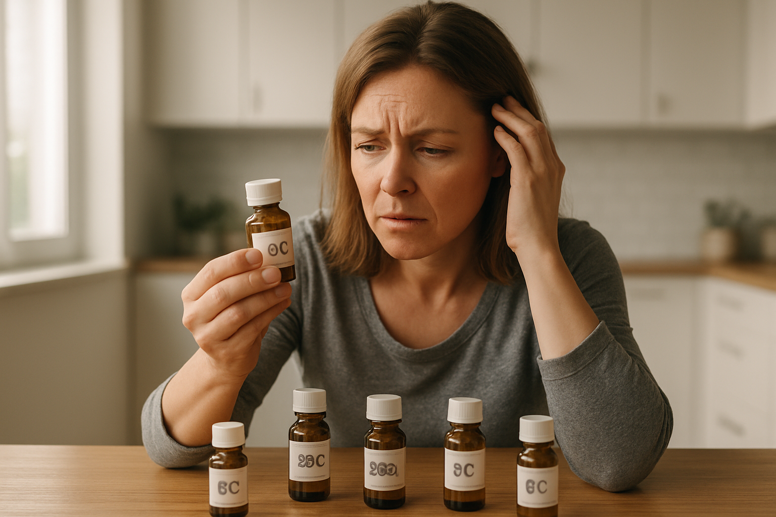 Create a realistic image of a confused white female patient in her 40s sitting at a wooden table examining multiple small glass homeopathic medicine bottles with different potency labels (6C, 30C, 200C), looking uncertain while holding one bottle up to read the label, with soft natural lighting from a window, clean modern kitchen background, medicine bottles scattered on the table showing various dilution levels, patient wearing casual clothing with a concerned expression, warm ambient lighting creating a thoughtful mood, Absolutely NO text should be in the scene.