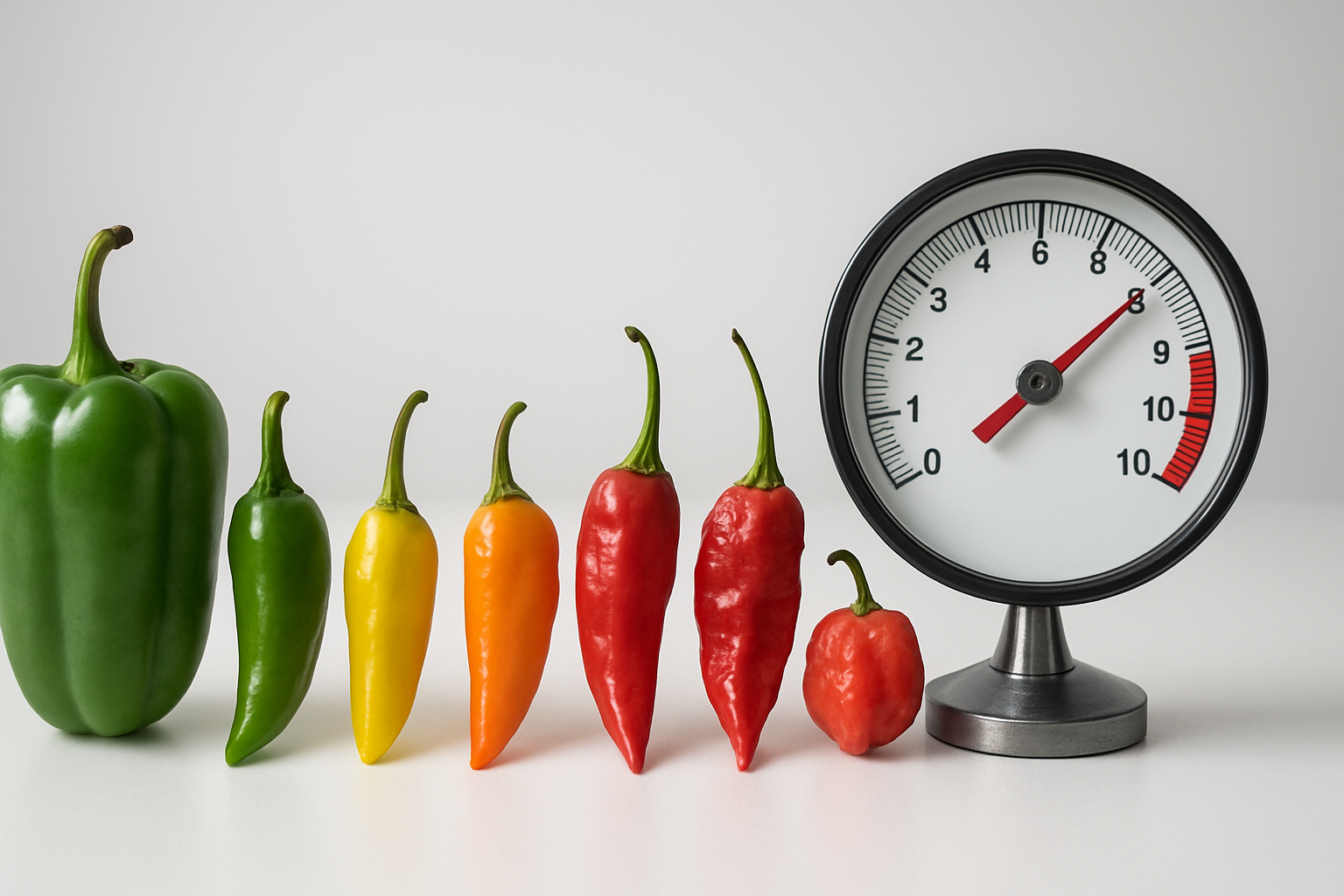 Create a realistic image of a colorful array of different chili peppers arranged in ascending order by heat level, from mild green bell peppers to extremely hot red habaneros and ghost peppers, with a traditional analog thermometer or heat gauge meter positioned prominently in the scene showing increasing temperature levels, set against a clean white laboratory or kitchen counter background with soft, even lighting that highlights the vibrant colors and textures of each pepper variety, absolutely NO text should be in the scene.