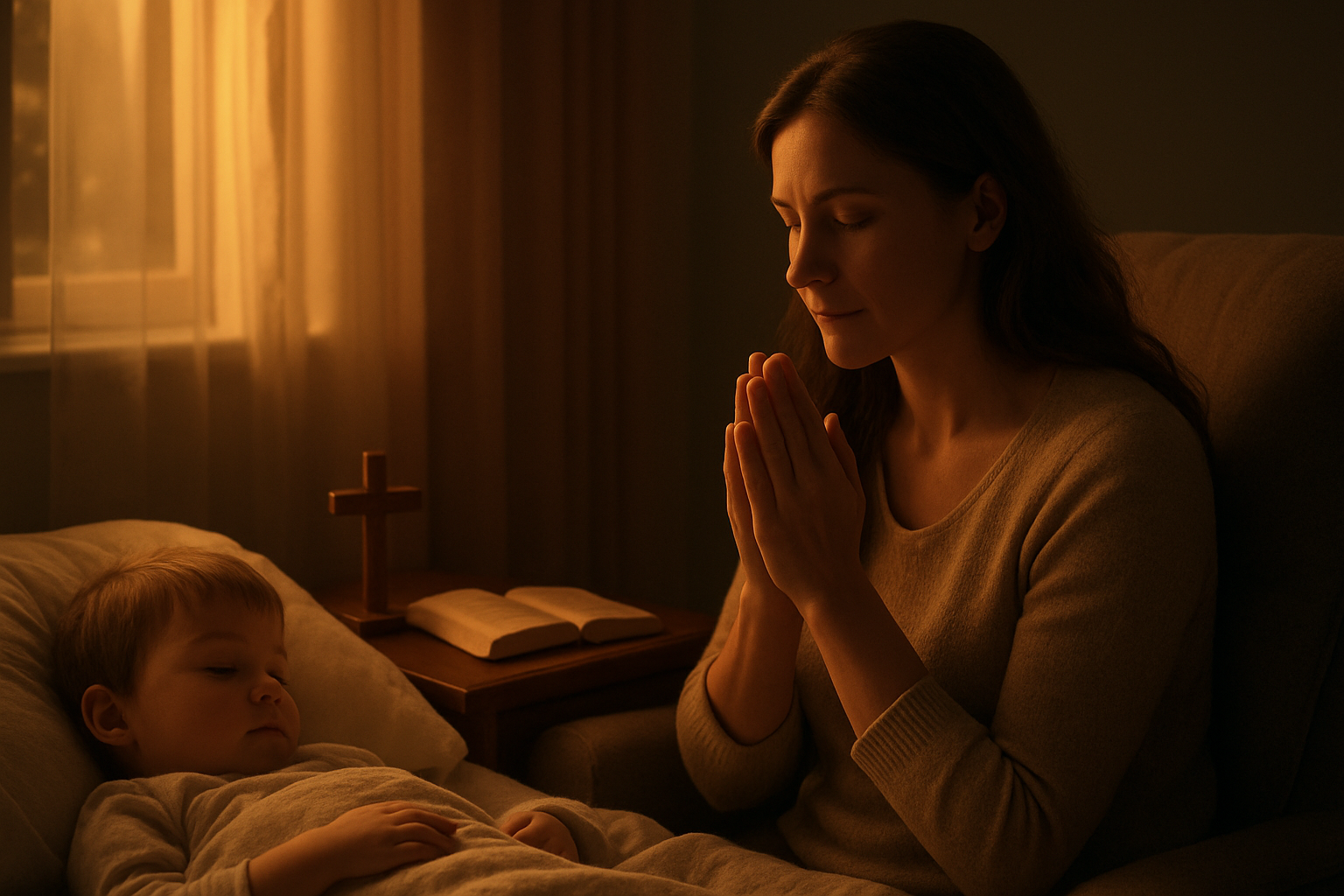 Create a realistic image of a peaceful white mother sitting in a comfortable chair beside her young child's bedside at dusk, with soft golden light filtering through a window, the mother's hands gently folded in prayer position while her child sleeps peacefully, a small wooden cross and open Bible visible on the nearby nightstand, creating a serene atmosphere of spiritual devotion and maternal love, with warm ambient lighting casting gentle shadows across the cozy bedroom scene, absolutely NO text should be in the scene.