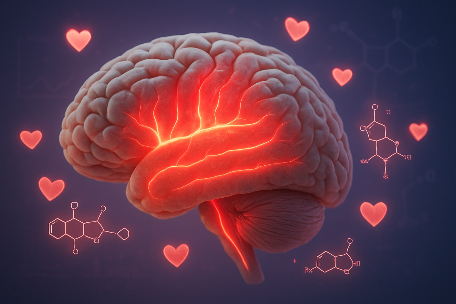Create a realistic image of a close-up view of a human brain model or cross-section with highlighted neural pathways glowing in warm pink and red colors, surrounded by floating heart-shaped molecules and chemical structures like dopamine and oxytocin, set against a soft gradient background transitioning from deep blue to purple, with subtle scientific diagrams and charts blurred in the background, creating a scientific yet romantic atmosphere with soft ambient lighting, absolutely NO text should be in the scene.