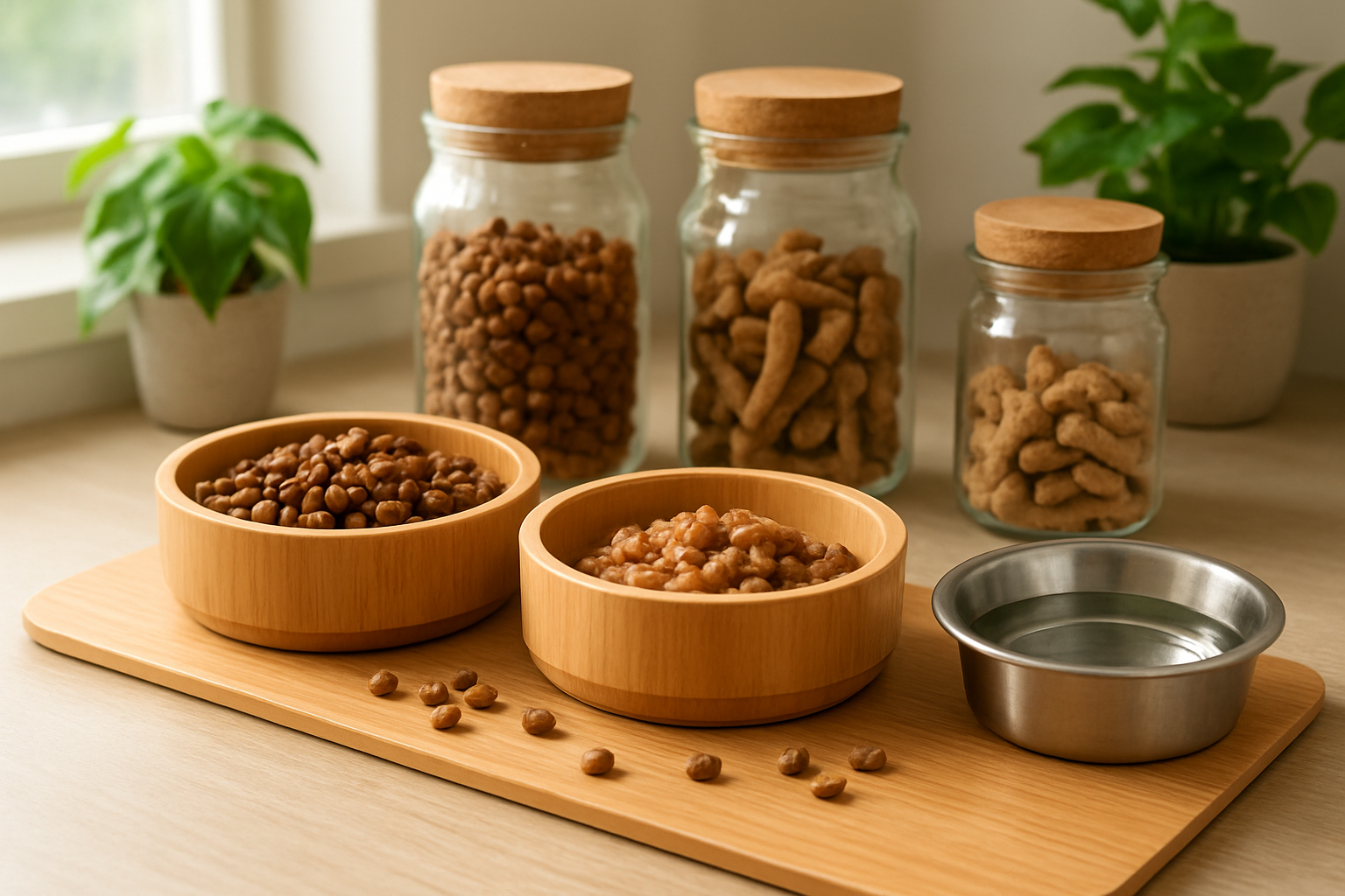 Create a realistic image of bamboo cat food bowls and stainless steel water dishes arranged on a natural wooden feeding mat, with scattered organic cat kibble and wet food, surrounded by reusable glass food storage jars with natural cork lids, eco-friendly cat treats made from sustainable ingredients, and a few green plants in the background, all set on a clean kitchen counter with soft natural lighting from a nearby window, creating a warm and environmentally conscious atmosphere, absolutely NO text should be in the scene.