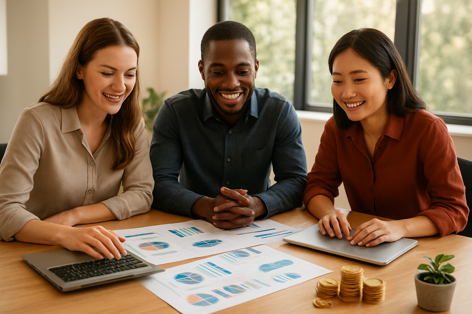 Create a realistic image of a diverse group of three people - one white female, one black male, and one Asian female - sitting around a modern wooden table with laptops, notebooks, and calculators, all smiling confidently while looking at financial charts and graphs spread across the table, with golden coins, paper money, and a small plant symbolizing growth placed nearby, set in a bright, well-lit modern office or home study with large windows showing natural daylight, conveying a mood of achievement, financial empowerment, and success, with warm lighting creating an optimistic and accomplished atmosphere. Absolutely NO text should be in the scene.