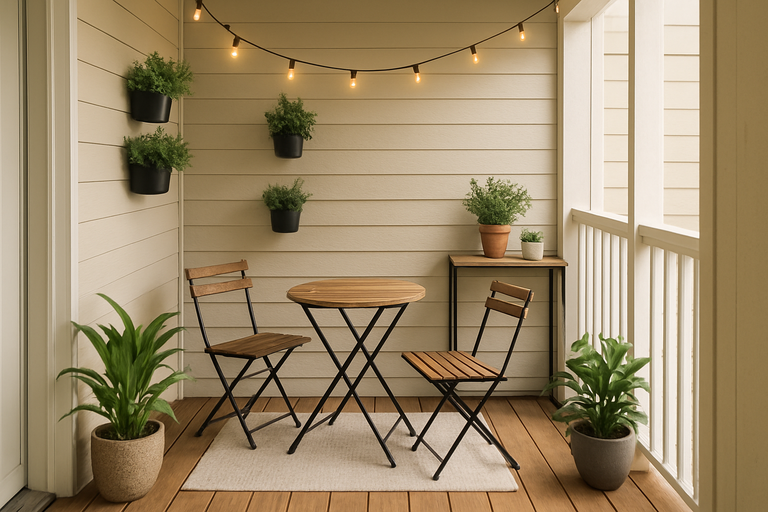 Create a realistic image of a small cozy porch interior with space-saving design elements including a compact bistro table with two folding chairs, vertical wall planters with greenery, a narrow console table against the wall, hanging string lights overhead, a small area rug on wooden deck flooring, and potted plants arranged in corners, showcasing clever storage solutions and efficient furniture placement in a confined outdoor living space with natural daylight filtering through, absolutely NO text should be in the scene.