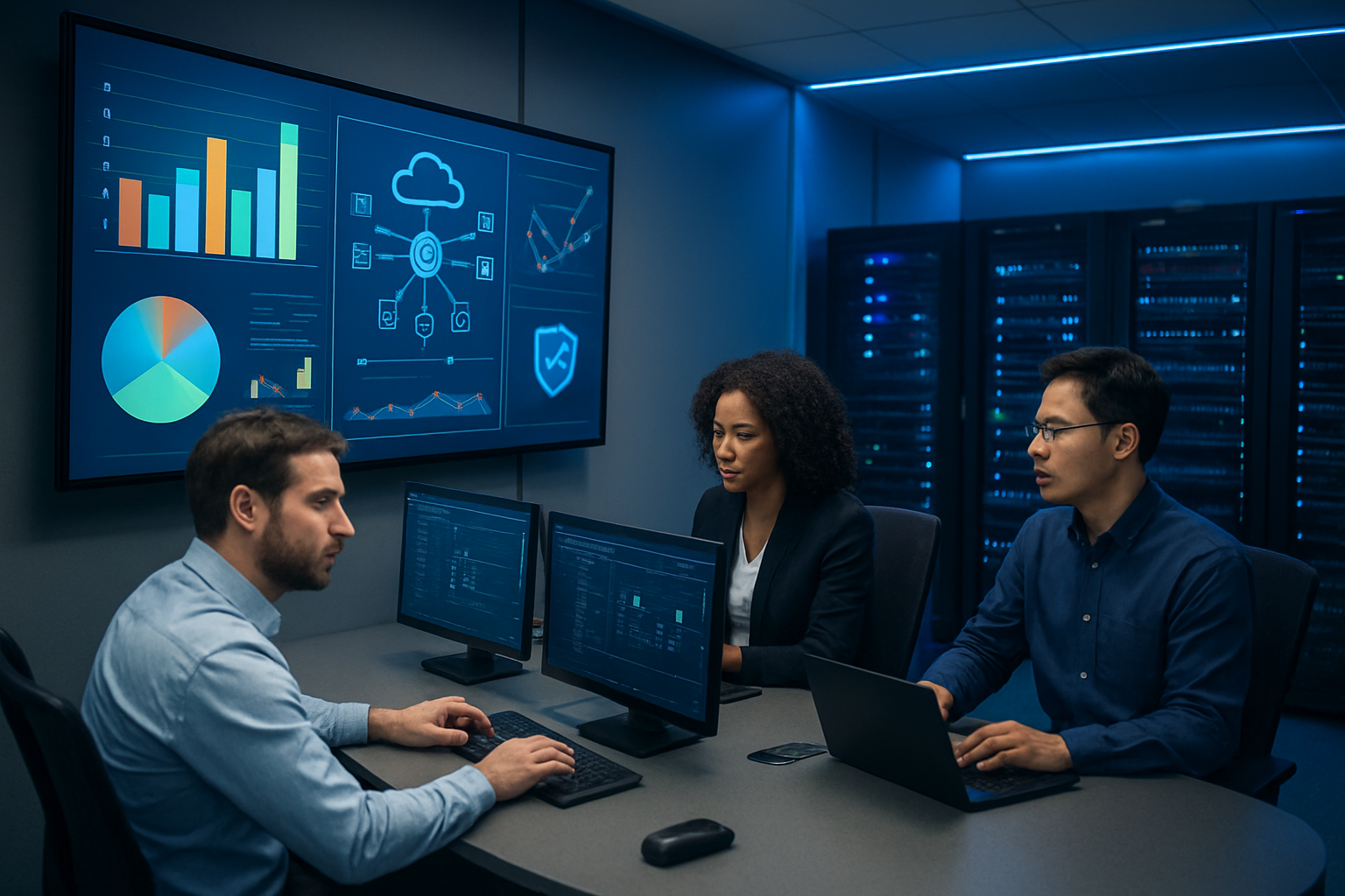 Create a realistic image of a modern enterprise office environment showing a large wall-mounted monitor displaying AWS security dashboard with colorful charts, graphs and network diagrams, while a diverse team of three IT professionals - one white male, one black female, and one Asian male - are seated at a curved desk with multiple laptops and monitors, implementing cloud security configurations, with servers and networking equipment visible in the background, professional lighting with blue LED accents creating a high-tech atmosphere, absolutely NO text should be in the scene.