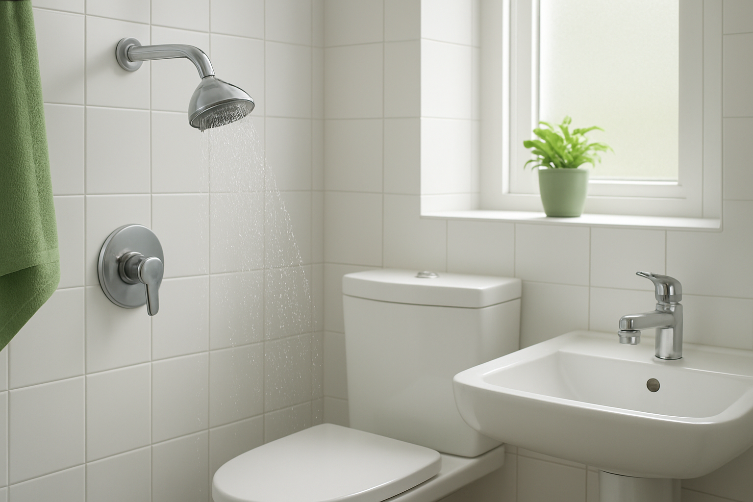 Create a realistic image of a modern bathroom showcasing water conservation methods with a low-flow showerhead with water droplets, a dual-flush toilet, a faucet aerator on a sink, and a small potted plant on the windowsill, featuring clean white tiles, natural lighting from a window, and a calm, eco-friendly atmosphere with green accents, absolutely NO text should be in the scene.