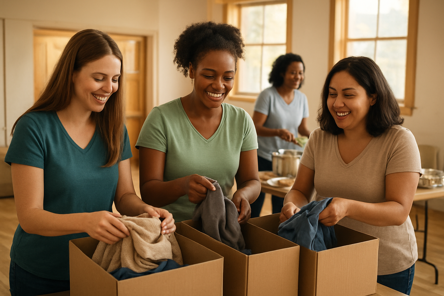 Create a realistic image of a diverse group of women including white, black, and Hispanic females volunteering together at a community service event, with some sorting donated clothes into boxes while others are preparing meals in the background, set in a bright community center with warm natural lighting streaming through windows, conveying a sense of compassion and Christian fellowship through their joyful expressions and collaborative actions, absolutely NO text should be in the scene.