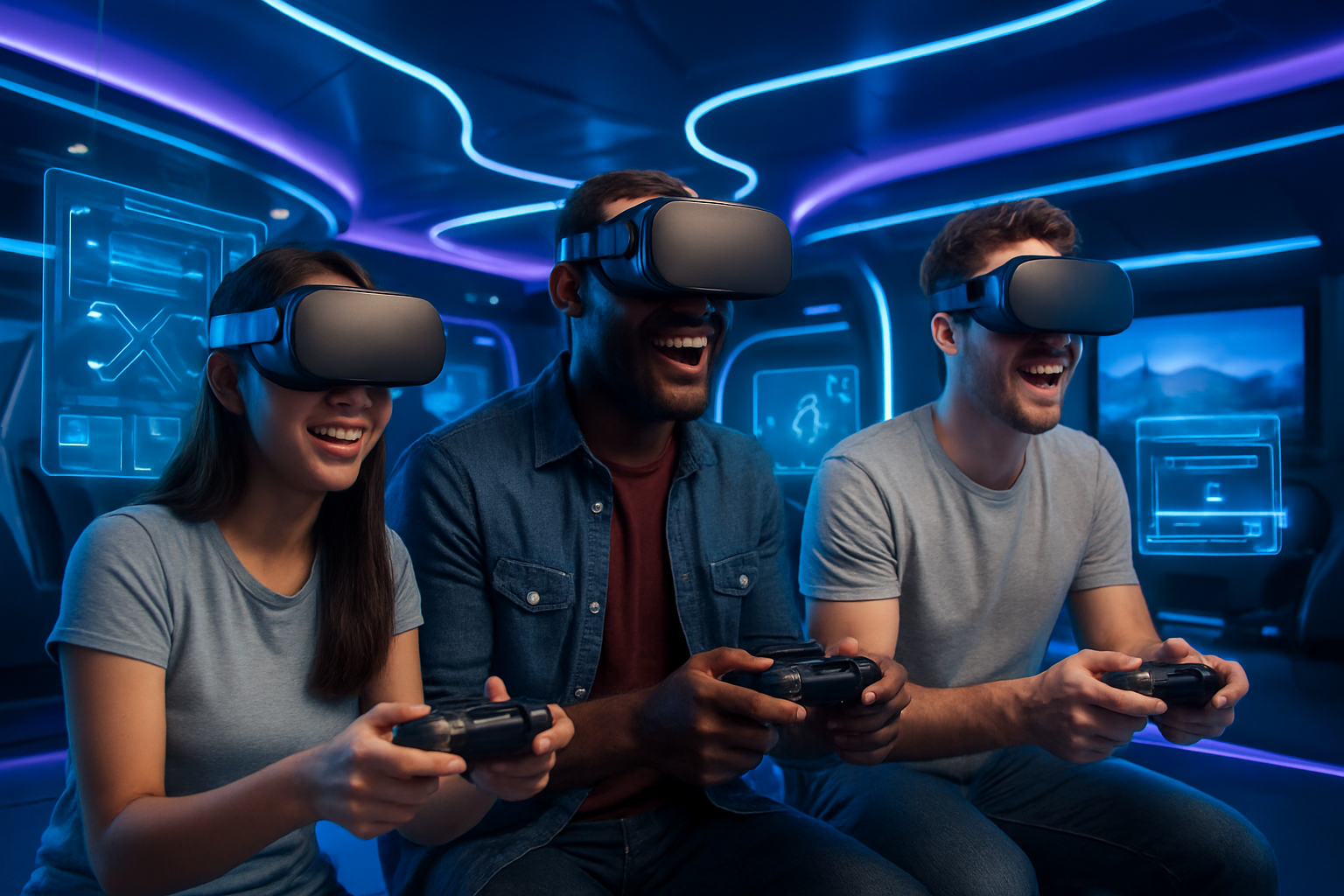 Create a realistic image of a diverse group of people wearing VR headsets and holding gaming controllers in a modern high-tech entertainment center, with holographic displays floating around them showing interactive game elements and media content, sleek LED lighting creating an immersive blue and purple ambiance, futuristic gaming pods and screens in the background, people including a young Asian female, a black male, and a white male appearing fully engaged and excited while interacting with virtual environments, modern architecture with curved walls and ambient lighting, absolutely NO text should be in the scene.