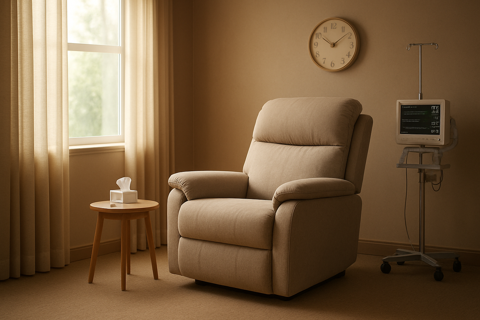Create a realistic image of a serene medical treatment room with a comfortable reclining chair positioned near a large window with soft natural light filtering through, a small side table with a water glass and tissues, a wall clock showing the passage of time, and medical monitoring equipment subtly placed in the background, conveying a peaceful healing environment with warm, calming lighting and earth-tone colors throughout the space, absolutely NO text should be in the scene.