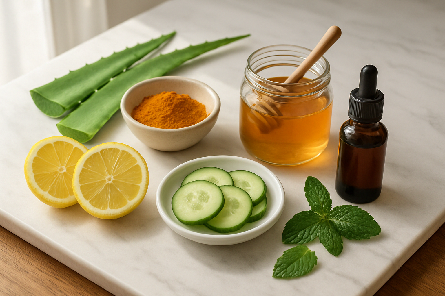 Create a realistic image of an elegant wooden table displaying an array of natural skincare ingredients and treatments for pigmentation, featuring fresh aloe vera leaves, sliced lemons, turmeric powder in a small bowl, honey in a glass jar, cucumber slices, rosehip oil in a dark glass bottle, and fresh mint leaves, arranged aesthetically on a clean white marble surface with soft natural lighting from a nearby window, creating a spa-like atmosphere with gentle shadows, absolutely NO text should be in the scene.
