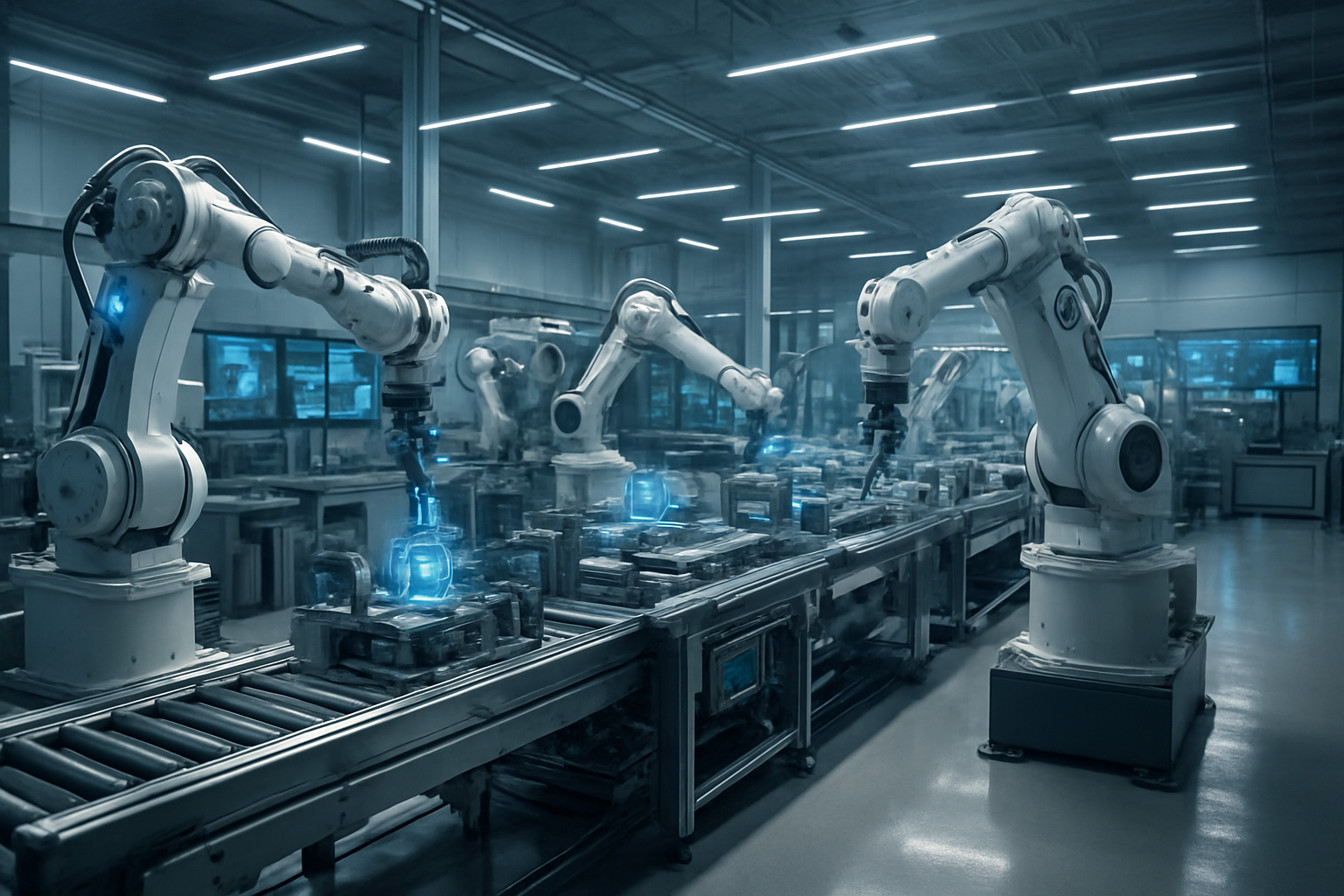 Create a realistic image of a modern manufacturing facility showcasing advanced AI integration with robotic arms working alongside automated assembly lines, gleaming metallic machinery with digital displays and sensors, a clean industrial environment with bright LED lighting casting sharp shadows, conveying innovation and technological advancement through the seamless blend of traditional manufacturing equipment with futuristic AI-powered systems, featuring a sophisticated control room visible in the background with multiple monitoring screens, all captured from a wide-angle perspective that emphasizes the scale and efficiency of the operation, absolutely NO text should be in the scene.