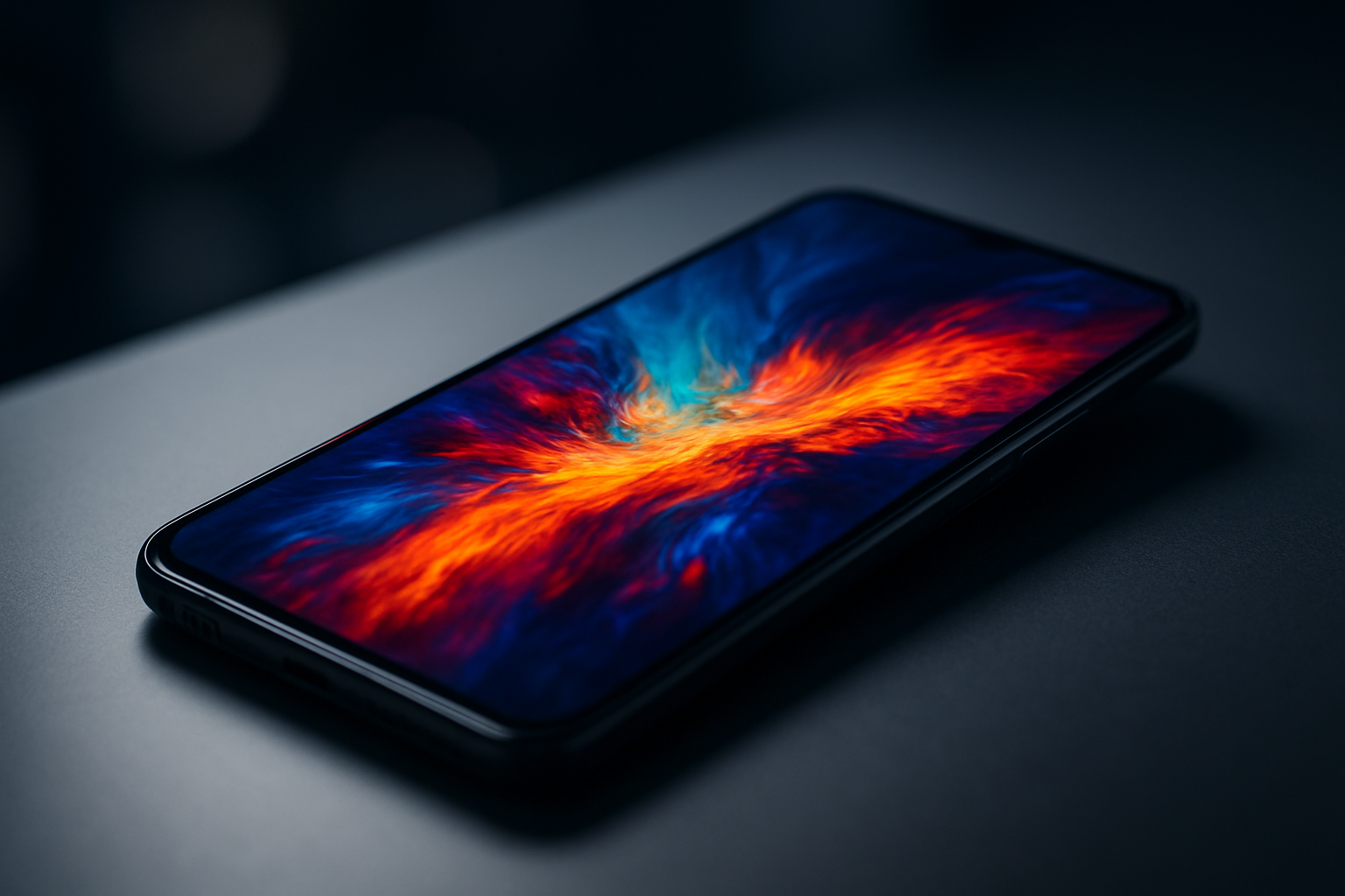 Create a realistic image of a cutting-edge smartphone display showing incredibly vivid colors and crystal-clear detail, with the phone positioned at a slight angle on a sleek modern desk surface, dramatic lighting highlighting the screen's brightness and color accuracy, deep blacks and brilliant whites demonstrating contrast ratio, with subtle reflections on the glass surface, minimalist tech environment background with soft bokeh effect, professional product photography style lighting, absolutely NO text should be in the scene.