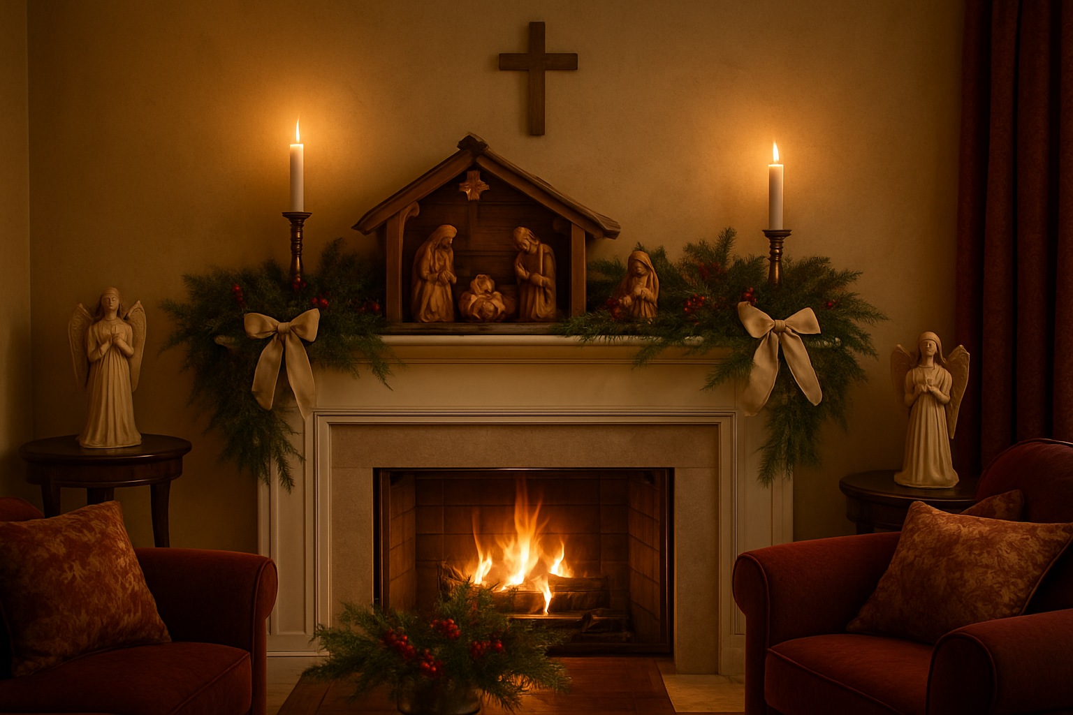 Create a realistic image of a beautifully decorated Christian home interior during Christmas with sacred decorations including a wooden nativity scene as the centerpiece on a mantelpiece, evergreen garlands adorned with white ribbons draped along the fireplace, tall white pillar candles in brass candlesticks, a small wooden cross mounted on the wall, angel figurines placed on side tables, warm golden lighting from the fireplace and candles creating a peaceful sacred atmosphere, rich burgundy and gold color scheme throughout the room, comfortable seating area with plush cushions, and pine branches with red berries as natural accents, absolutely NO text should be in the scene.