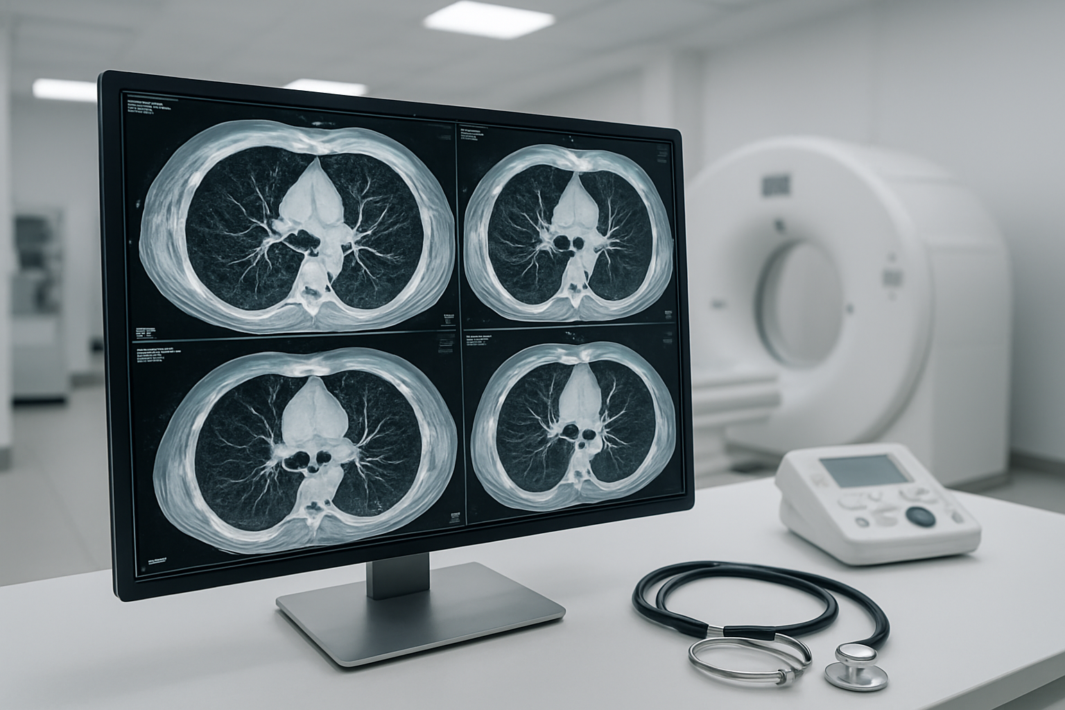 Create a realistic image of a modern medical diagnostic scene showing a high-resolution CT scan display monitor featuring detailed cross-sectional lung images with visible anatomical structures, positioned on a clean white medical desk in a radiology department, with medical diagnostic equipment and stethoscope nearby, under bright clinical lighting that emphasizes the precision and clarity of the chest imaging technology used for diagnosing pulmonary conditions, absolutely NO text should be in the scene.