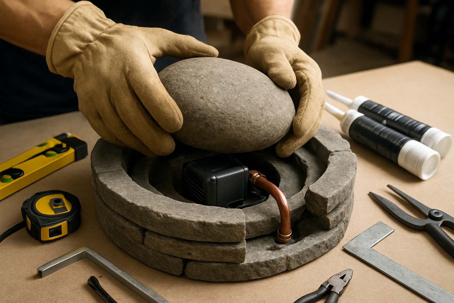 Create a realistic image of hands wearing work gloves carefully positioning a smooth river rock onto a hidden water pump mechanism inside a partially assembled stone fountain, with precision tools like a level and measuring tape nearby, professional-grade waterproof sealant tubes, copper tubing connections, and electrical components neatly organized on a clean workbench, captured in bright workshop lighting that highlights the meticulous craftsmanship and attention to detail, absolutely NO text should be in the scene.