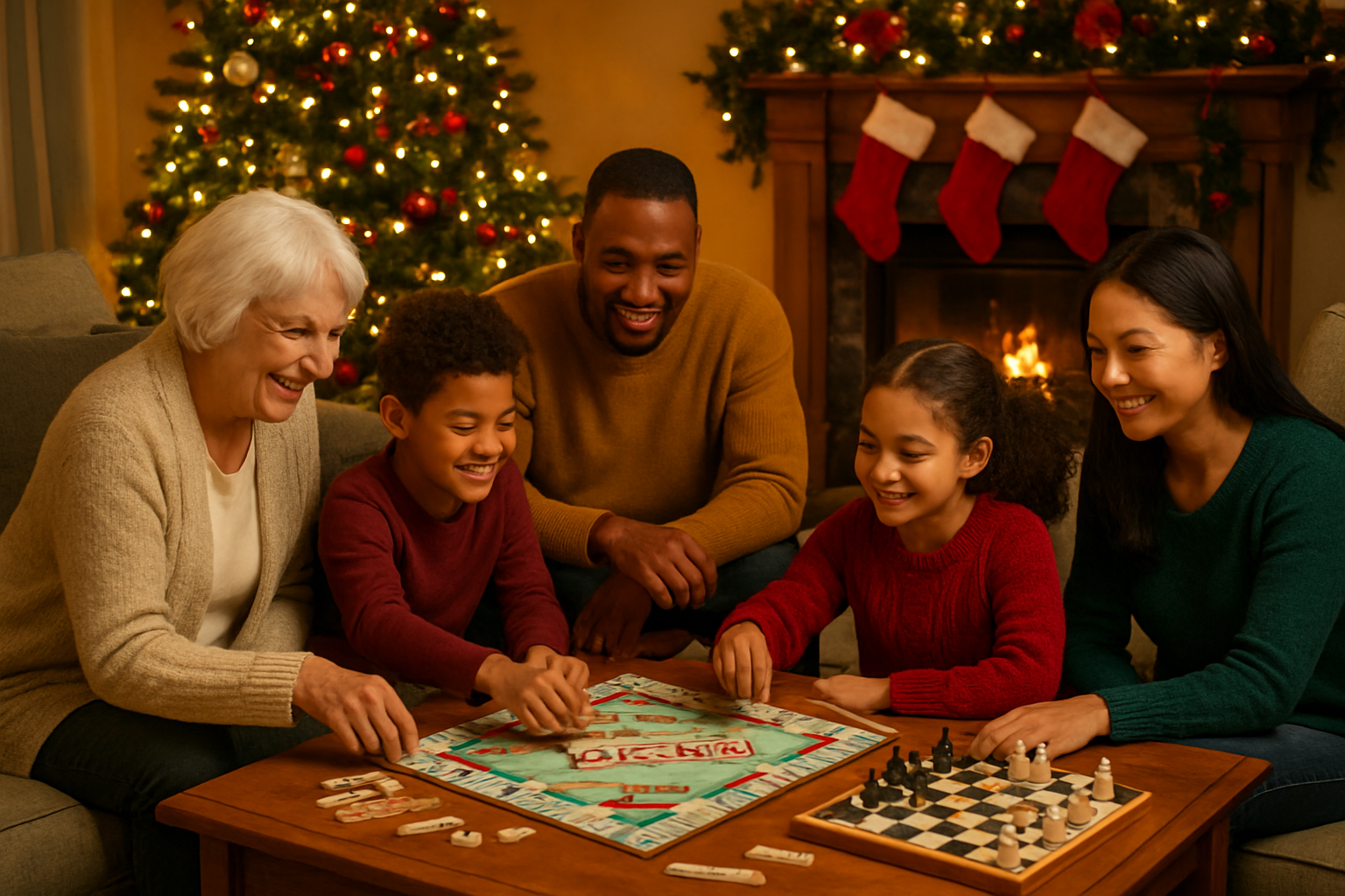 Create a realistic image of a cozy living room scene during Christmas with a diverse family gathered around a wooden coffee table playing traditional board games, featuring a white elderly grandmother, a black father, an Asian mother, and children of mixed ethnicities aged 8-12, with classic board games like Monopoly, Scrabble, and chess visible on the table, warm golden lighting from a nearby fireplace, a decorated Christmas tree with twinkling lights in the background, comfortable sofas and armchairs surrounding the gaming area, gift-wrapped presents under the tree, stockings hanging on the mantelpiece, and a festive holiday atmosphere with red and green decorations, absolutely NO text should be in the scene.