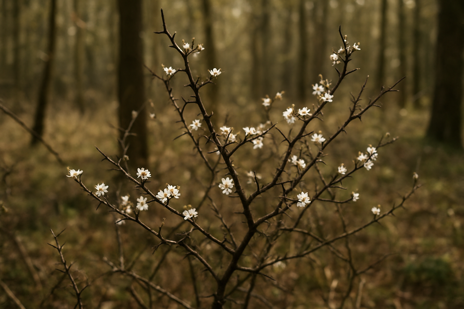 Create a realistic image of a mature blackthorn plant in its natural woodland habitat, showing the thorny dark branches with small white blossoms, set against a soft-focused forest background with dappled sunlight filtering through trees, captured in natural daylight with earthy tones of browns and greens, emphasizing the wild and ancient nature of this native shrub species, absolutely NO text should be in the scene.