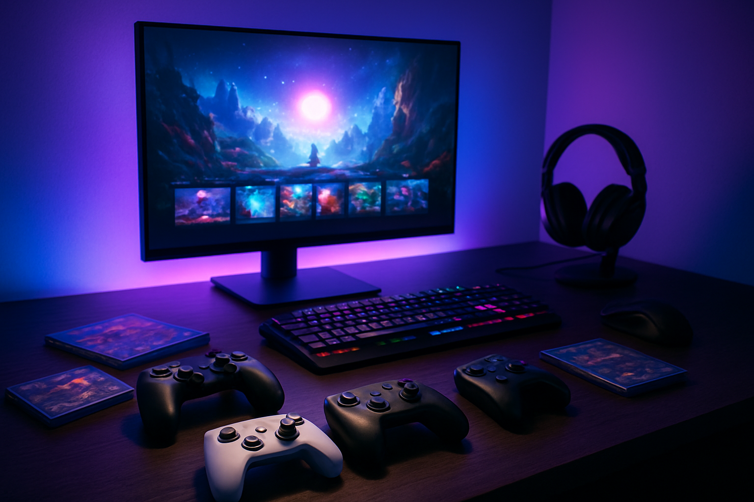 Create a realistic image of a modern gaming setup with multiple gaming controllers from different consoles (PlayStation, Xbox, Nintendo) arranged on a sleek dark wooden desk, a high-end gaming monitor displaying a vibrant game menu screen, mechanical keyboard with RGB lighting, gaming mouse, and gaming headset, with several game cases scattered around showing diverse game genres, soft ambient LED lighting creating a purple and blue glow in a contemporary room setting, creating an excited and anticipatory mood for upcoming gaming experiences, absolutely NO text should be in the scene.