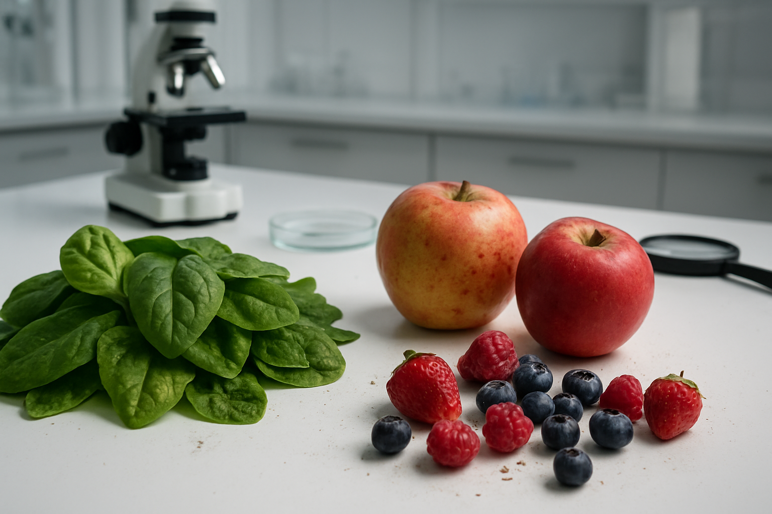 Create a realistic image of fresh vegetables and fruits including spinach leaves, apples, and berries arranged on a clean white laboratory counter, with subtle visual indicators of contamination such as microscopic particles or slight discoloration, scientific testing equipment like petri dishes and magnifying glass in the background, sterile laboratory environment with bright clinical lighting, creating a concerning mood that suggests hidden dangers in seemingly healthy produce, absolutely NO text should be in the scene.