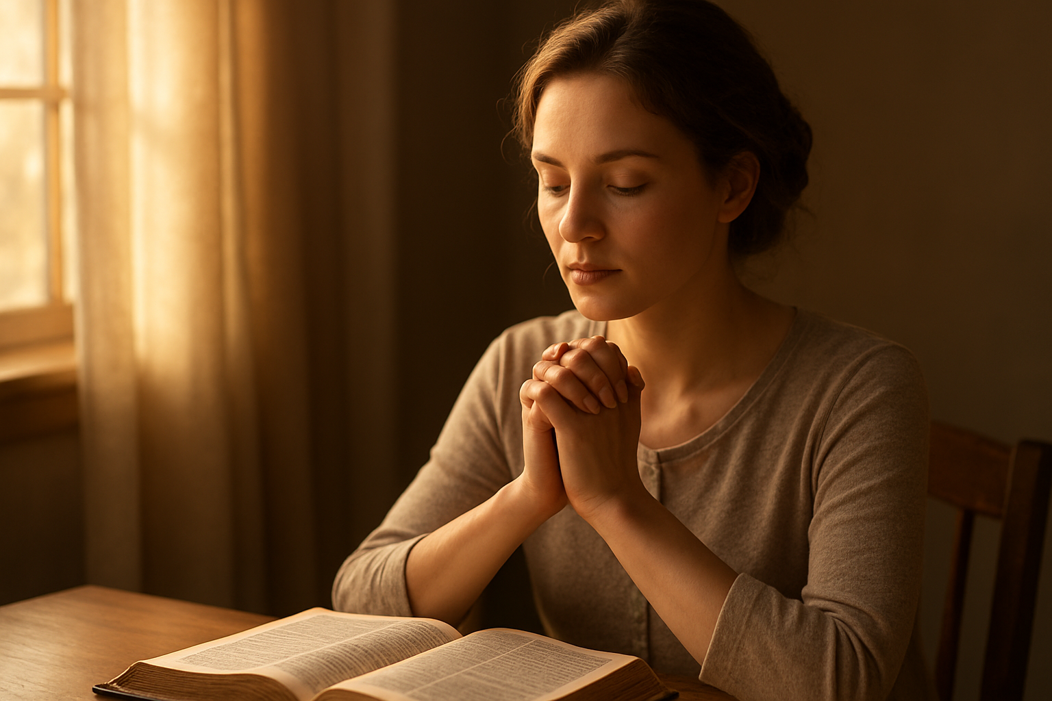 Create a realistic image of a peaceful person sitting in quiet contemplation with hands clasped in prayer, eyes gently closed, surrounded by soft warm golden light streaming through a window, with an open Bible or prayer book nearby on a wooden table, creating a serene atmosphere of spiritual reflection and divine connection, shot in soft natural lighting that evokes tranquility and reverence, absolutely NO text should be in the scene.