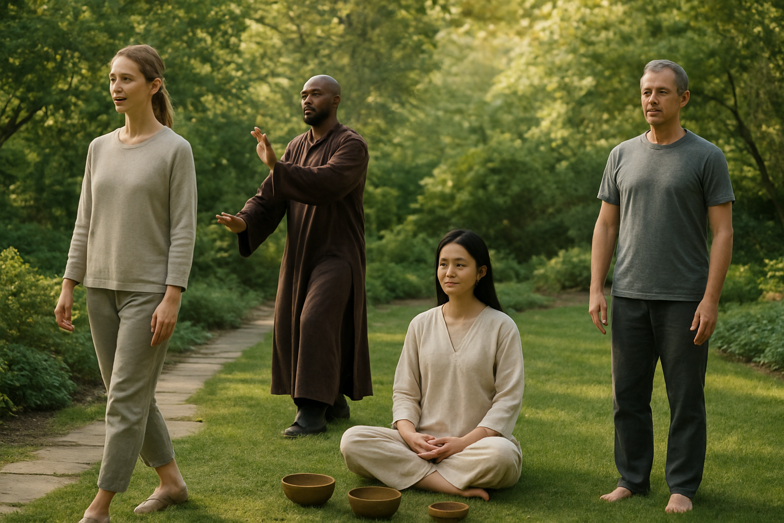 Create a realistic image of a diverse meditation scene showing various alternative meditation practices, featuring a white female doing walking meditation on a garden path, a black male practicing tai chi movements in flowing robes, an Asian female sitting in lotus position with singing bowls nearby, and a middle-aged white male doing standing meditation with arms at his sides, all in a serene outdoor setting with soft natural lighting, lush greenery, and a peaceful atmosphere that conveys mindfulness and tranquility, absolutely NO text should be in the scene.