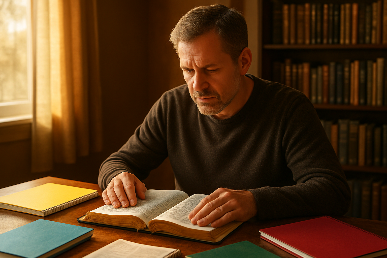 Create a realistic image of a middle-aged white male sitting at a wooden desk in a cozy home study, focused on reading an open Bible with several colorful study guides and notebooks spread around him, warm golden afternoon sunlight streaming through a nearby window creating a peaceful atmosphere, with a bookshelf filled with religious books visible in the soft-focused background, conveying a sense of deep contemplation and spiritual learning. Absolutely NO text should be in the scene.