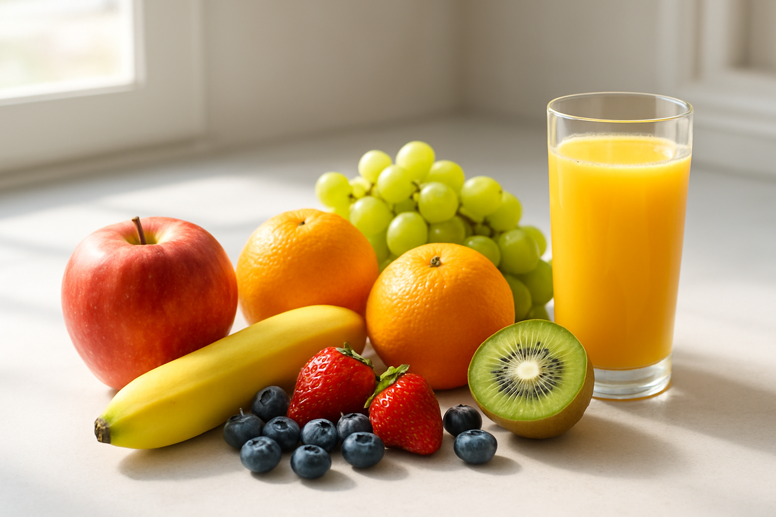Create a realistic image of a diverse selection of fresh, colorful fruits including apples, bananas, oranges, berries, grapes, and kiwi arranged on a clean white kitchen counter next to a glass of freshly squeezed orange juice, with soft natural lighting streaming through a nearby window creating gentle shadows, conveying a healthy and vibrant morning atmosphere that emphasizes wellness and nutrition, absolutely NO text should be in the scene.