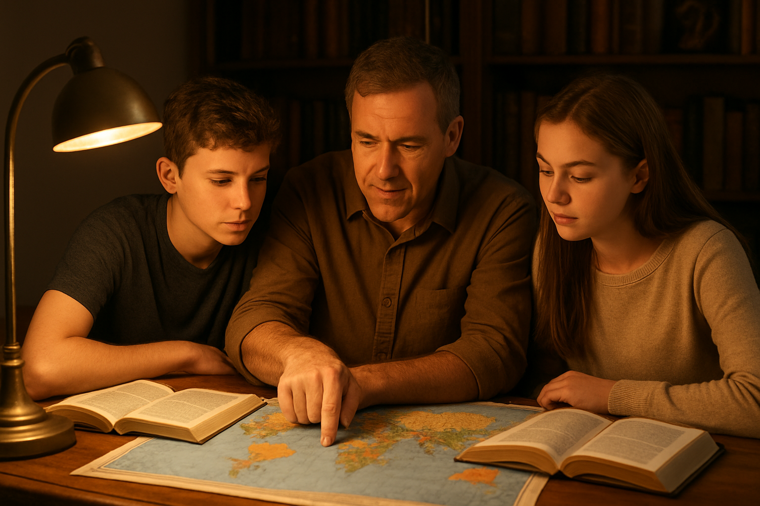 Create a realistic image of a middle-aged white male father sitting at a wooden desk with his teenage son and daughter, both white, looking at a world map spread across the surface while the father points to different locations, with open books about careers and missions nearby, warm golden lighting from a desk lamp creating an intimate study atmosphere, bookshelves filled with religious and educational materials in the background, conveying a sense of guidance and future planning, absolutely NO text should be in the scene.