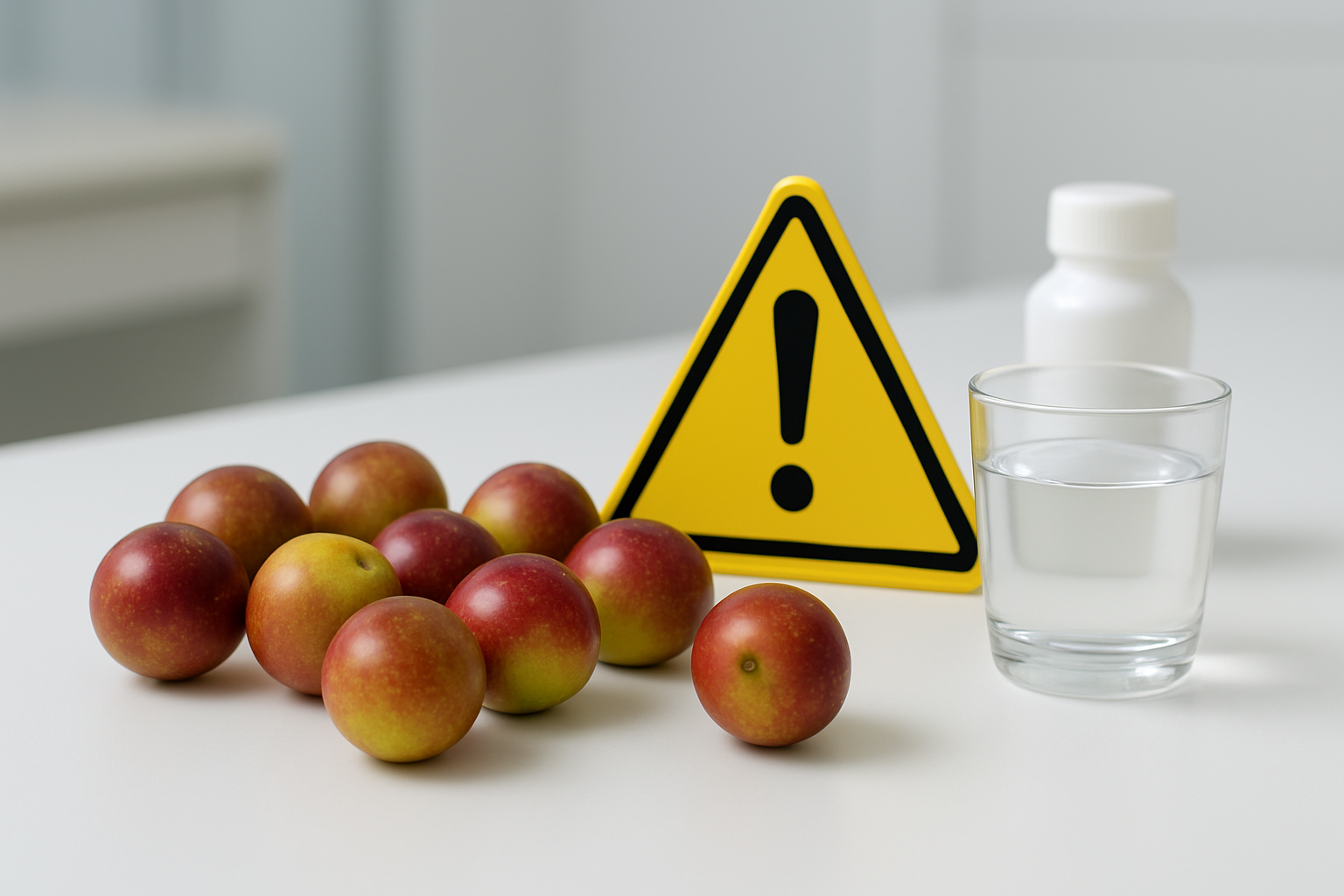 Create a realistic image of fresh camu camu fruits scattered on a clean white medical consultation table alongside a yellow caution warning symbol, a small glass of water, and a subtle medicine bottle in soft, clinical lighting with a neutral healthcare background, conveying a sense of medical awareness and careful consideration. Absolutely NO text should be in the scene.