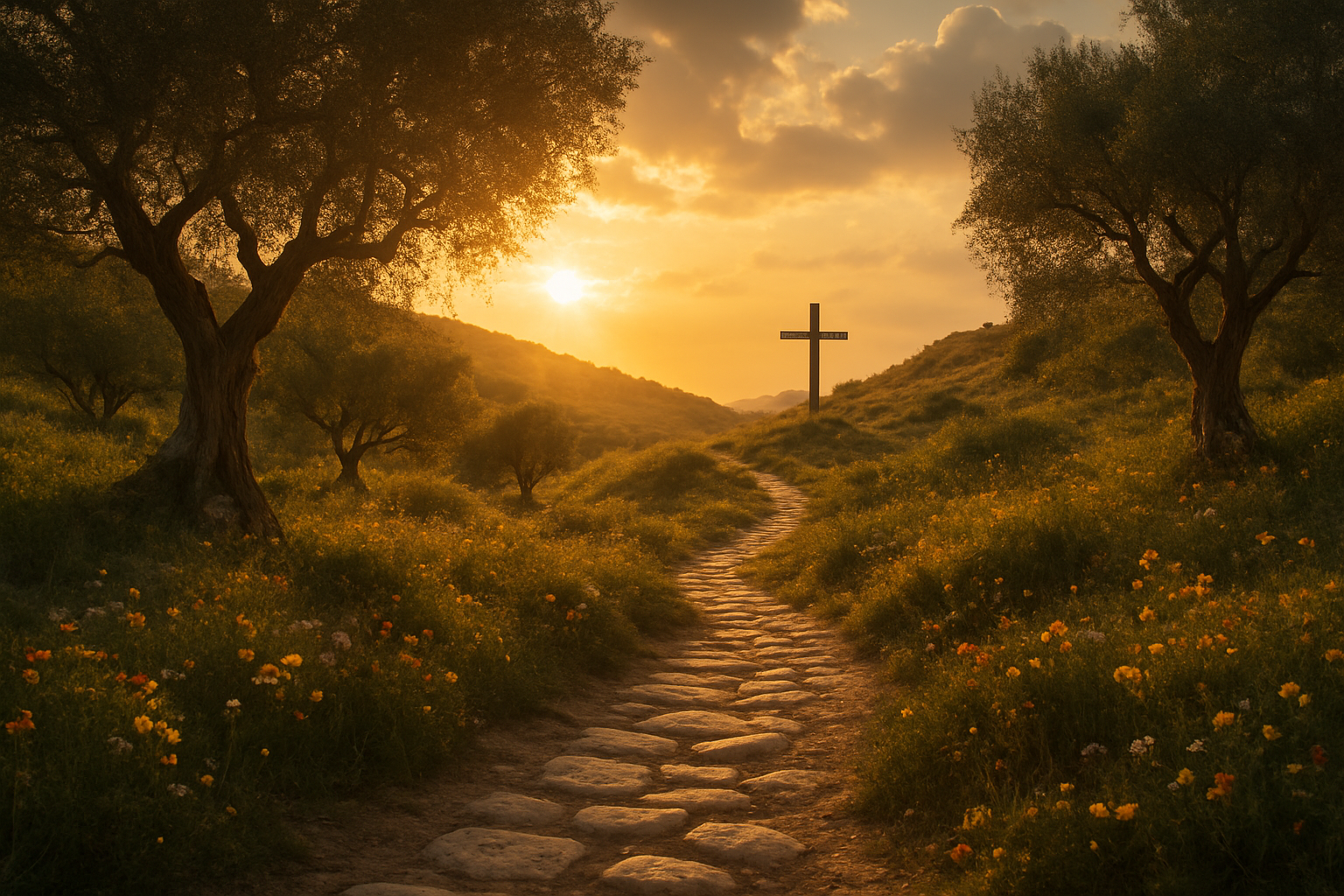 Create a realistic image of a serene outdoor path winding upward through gentle hills, with ancient olive trees and wildflowers lining the sides, golden hour lighting casting warm rays through scattered clouds, a weathered wooden cross visible in the distance on the hillside, smooth stones marking the pathway, peaceful Mediterranean landscape with soft shadows, conveying a sense of spiritual journey and steadfast devotion, absolutely NO text should be in the scene.
