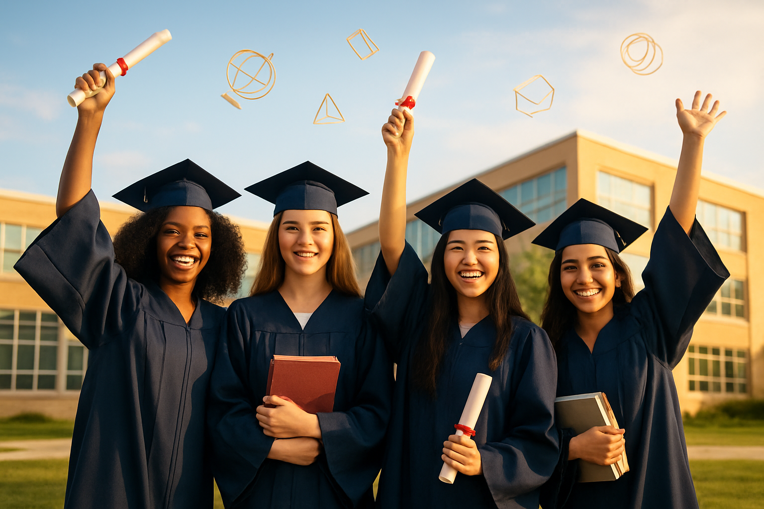 Create a realistic image of diverse young girls of different races (black, white, Asian, Hispanic) standing together confidently in graduation caps and gowns, holding diplomas and books, with a bright modern school building in the background, warm golden hour lighting creating an uplifting atmosphere, some girls raising their hands in celebration while others smile proudly, surrounded by floating academic symbols like globes and geometric shapes, clear blue sky overhead conveying hope and achievement, absolutely NO text should be in the scene.