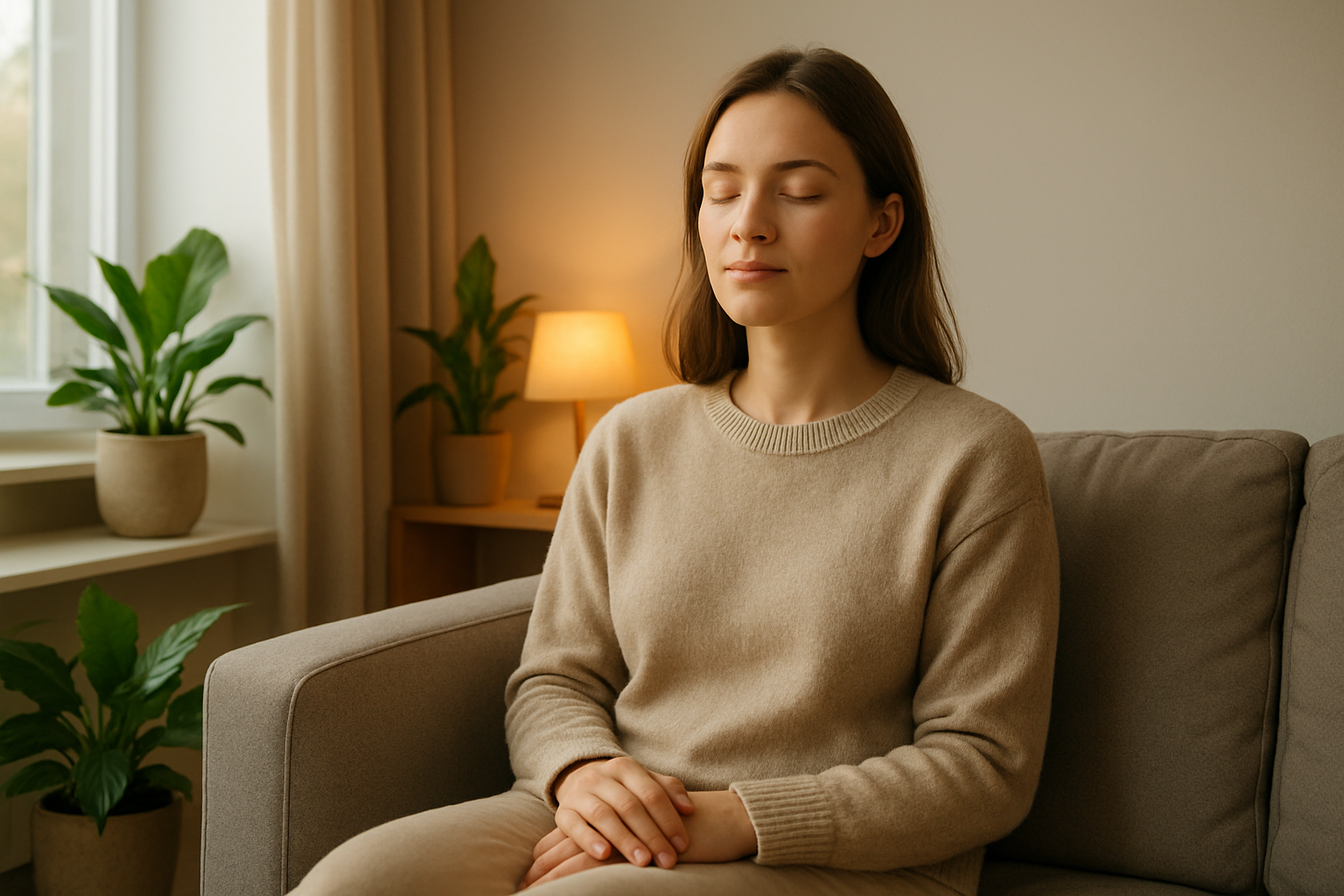 Create a realistic image of a peaceful indoor setting showing a young white female sitting comfortably on a modern couch with her eyes gently closed and a serene, relaxed expression on her face, with soft natural lighting streaming through a nearby window, surrounded by calming elements like potted plants and warm ambient lighting, capturing a sense of tranquility and mindful awareness without showing any cannabis products directly, emphasizing the peaceful experiential state, shot in warm golden hour lighting with a clean modern living room background, absolutely NO text should be in the scene.