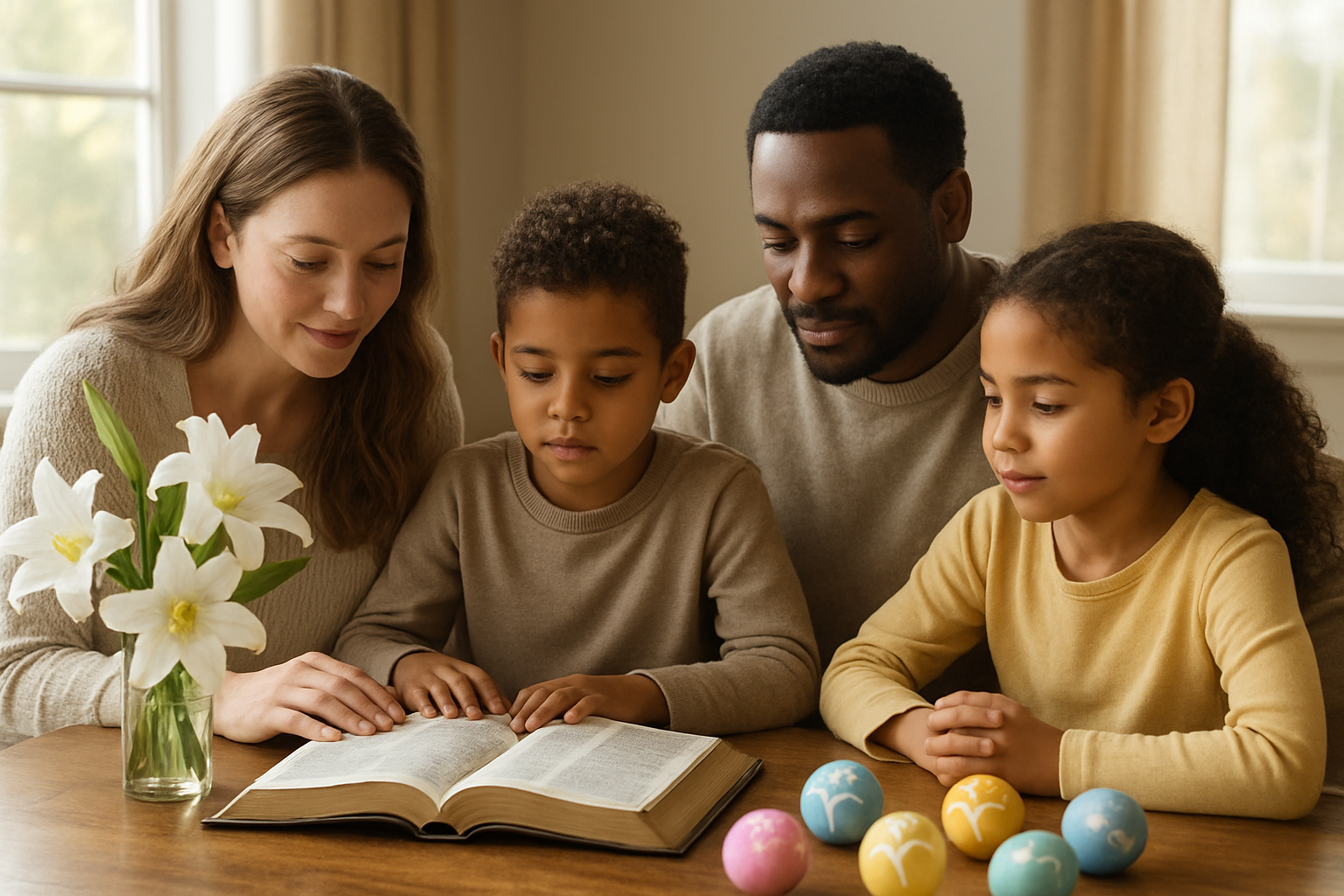 Create a realistic image of a diverse family gathered around a wooden dining table engaging in faith-centered Easter activities, including a white mother and black father with two children of mixed race, one boy and one girl, all sitting together reading from an open Bible, with Easter lilies in a vase, painted eggs decorated with Christian symbols like crosses and doves, a small wooden cross centerpiece, and soft natural lighting streaming through a window in the background creating a warm, peaceful, and spiritual atmosphere, absolutely NO text should be in the scene.