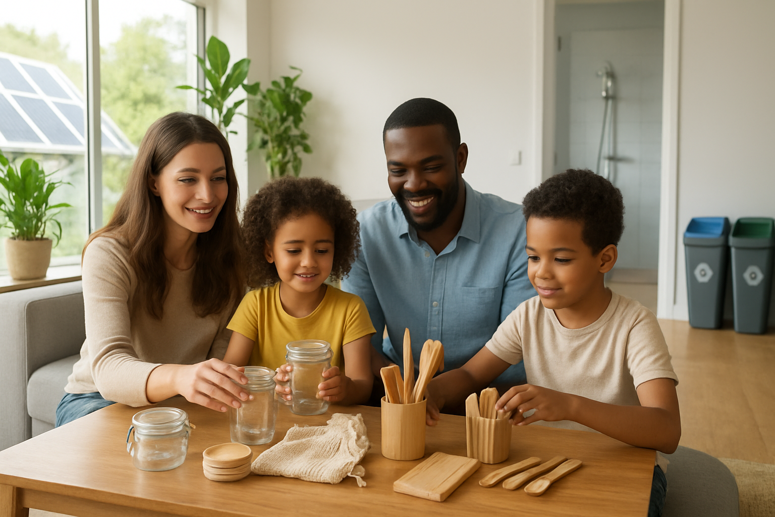 Create a realistic image of a bright, modern living room showcasing various eco-friendly home products including reusable glass containers and bamboo utensils on a wooden coffee table, LED light bulbs in stylish lamps, potted plants throughout the space, a water-saving showerhead visible through an open bathroom door, solar panels visible through large windows, and recycling bins with sorted materials, all arranged in a clean, organized manner with natural lighting streaming through the windows creating a warm, sustainable atmosphere, with a diverse family of a white woman, black man, and their mixed-race children arranging eco products together, absolutely NO text should be in the scene.