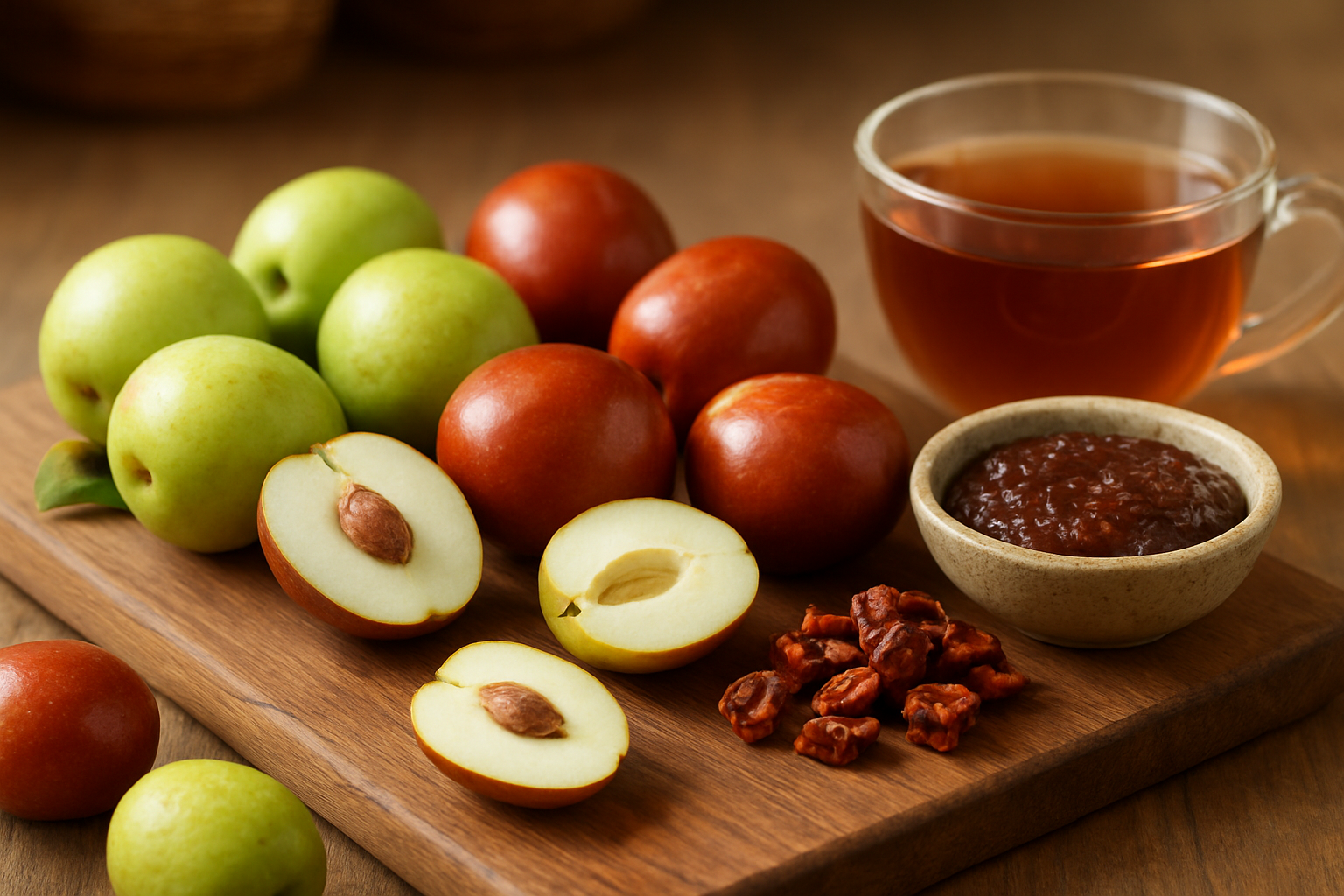 Create a realistic image of fresh jujube fruits in various stages of ripeness from green to reddish-brown arranged on a rustic wooden cutting board alongside culinary preparations including dried jujube pieces, jujube tea in a clear glass cup, and jujube jam in a small ceramic bowl, with some whole fruits cut in half to show the white flesh and pit inside, soft natural lighting from above creating gentle shadows, warm kitchen atmosphere with blurred background elements, absolutely NO text should be in the scene.