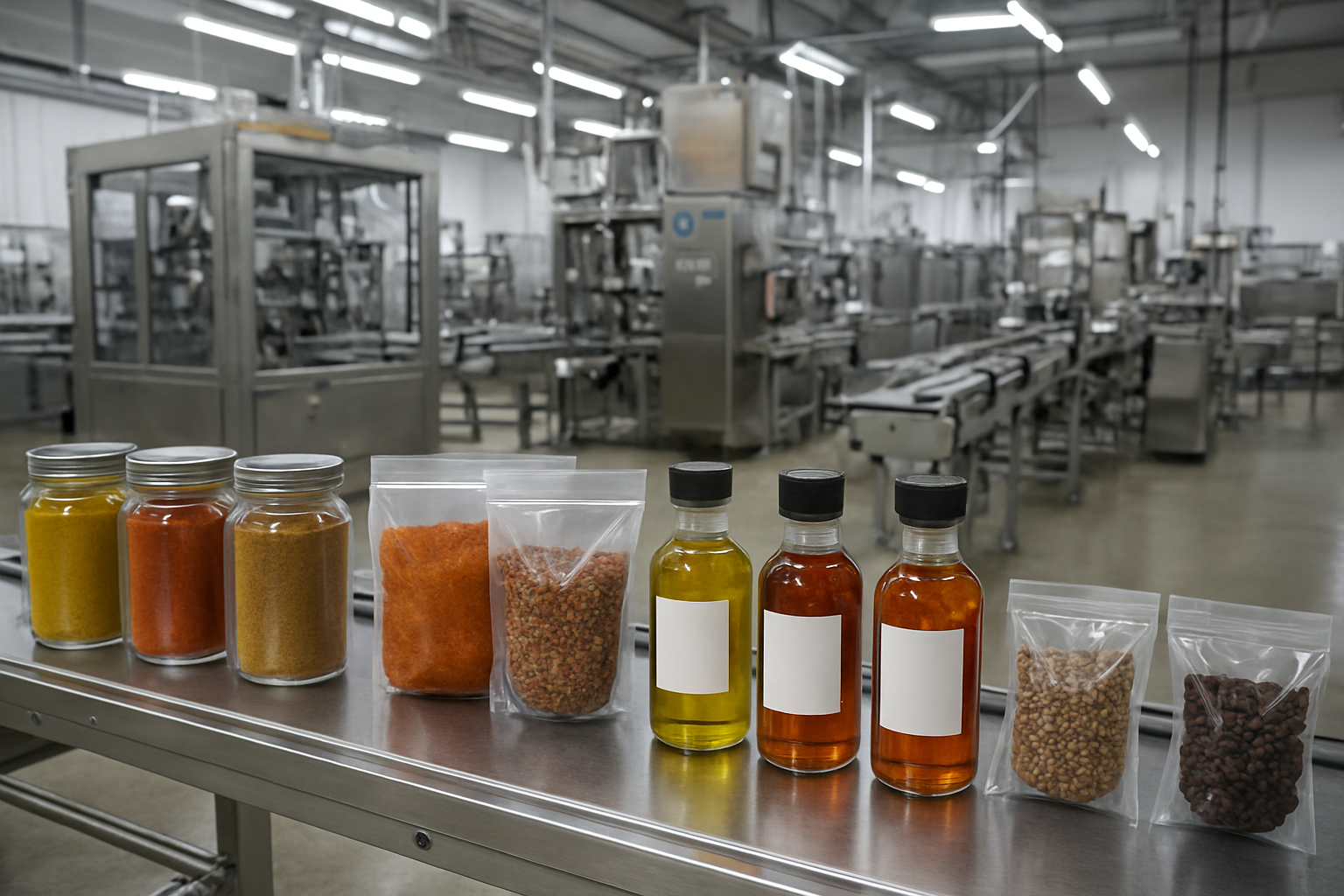 Create a realistic image of a modern food processing facility showing value-added spice products including packaged spice blends, bottled spice oils, and vacuum-sealed whole spices arranged on stainless steel conveyor belts, with industrial packaging machinery in the background, bright LED lighting illuminating the clean production environment, glass containers filled with colorful ground spices like turmeric, paprika, and cumin prominently displayed in the foreground, sleek product labels visible on packages, professional industrial atmosphere with polished concrete floors and chrome equipment, absolutely NO text should be in the scene.