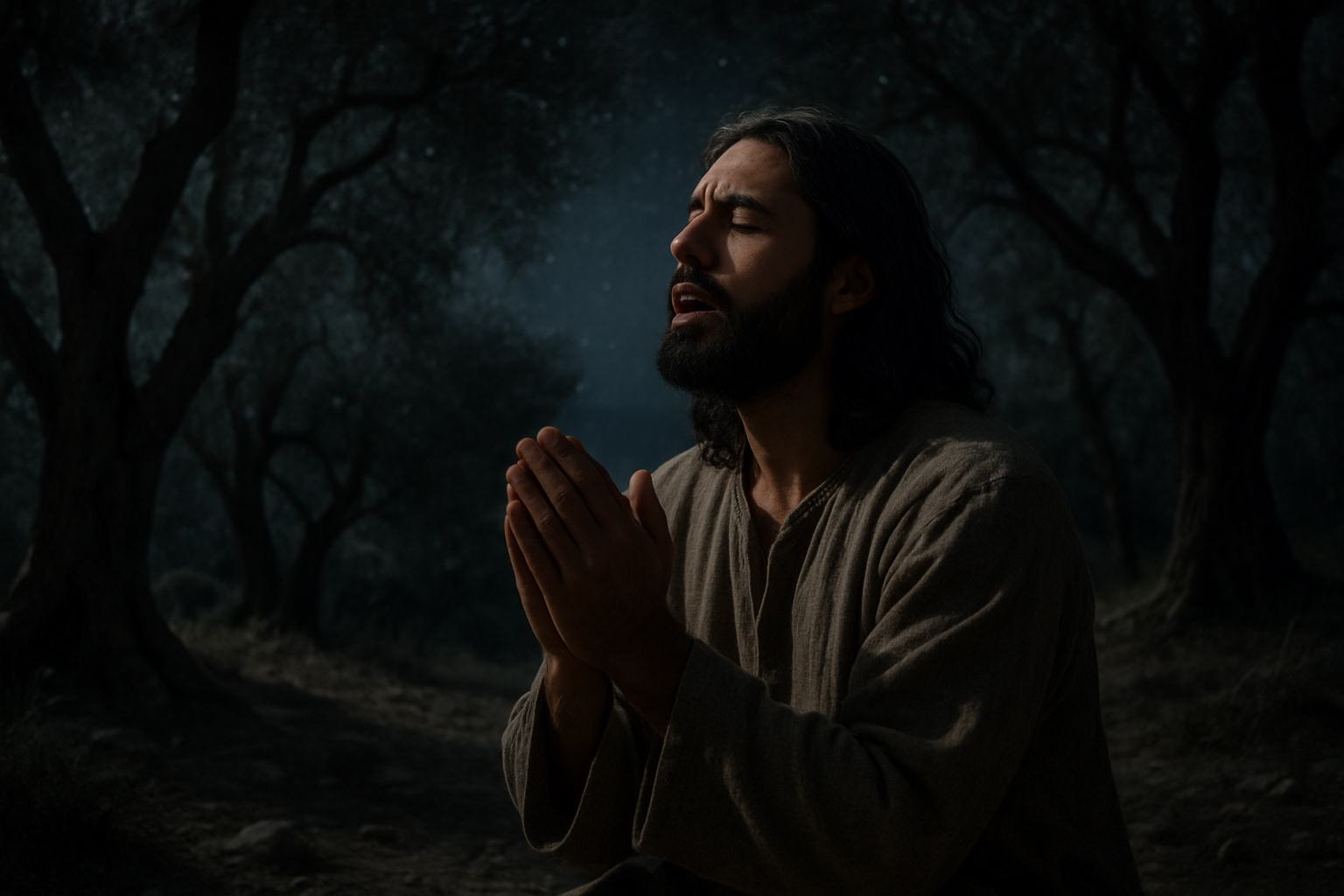 Create a realistic image of a Middle Eastern male with long dark hair and beard, kneeling in prayer with hands clasped and eyes closed, mouth slightly open as if speaking in deep prayer, positioned in a dark olive grove garden at night with gnarled olive trees surrounding him, moonlight filtering through branches casting soft shadows on his face and robes, creating a solemn and intimate atmosphere of earnest supplication, with rocky ground beneath and distant hills visible in the background under a starlit sky, absolutely NO text should be in the scene.