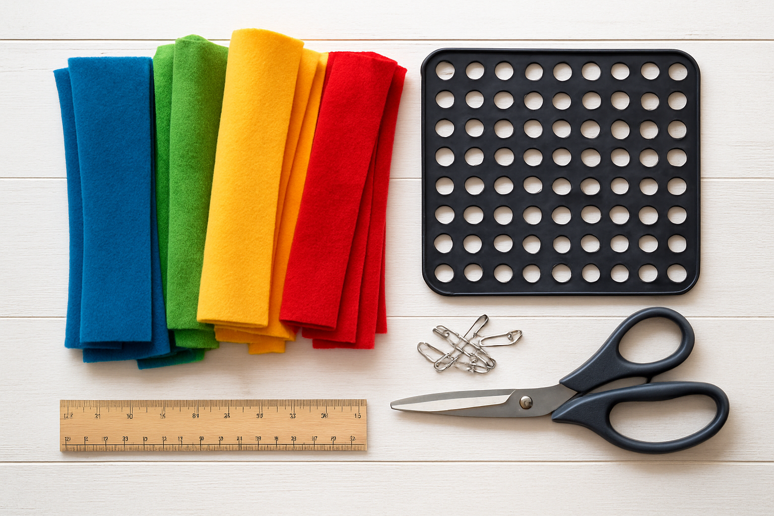 Create a realistic image of a flat lay arrangement on a clean white wooden surface showing essential DIY snuffle mat materials including colorful fleece fabric strips in various colors like blue, green, yellow, and red, a rubber sink mat with holes, sharp fabric scissors, a measuring ruler, and safety pins scattered around the materials, with natural daylight illumination creating soft shadows, organized in a neat crafting setup ready for a DIY project, absolutely NO text should be in the scene.