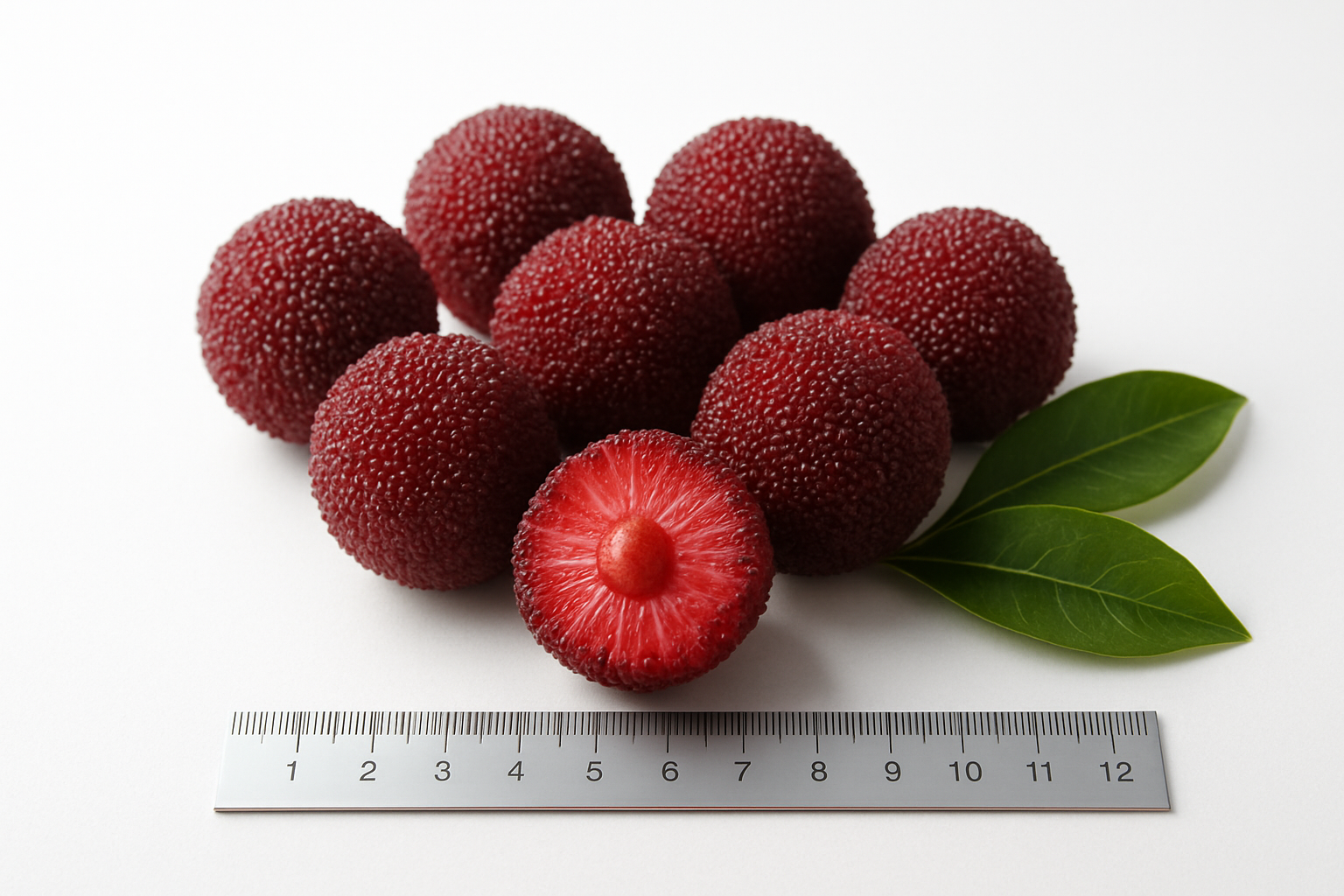 Create a realistic image of fresh yumberries (Chinese bayberries) arranged on a clean white surface with a cross-section cut showing the inner flesh, accompanied by subtle visual elements suggesting nutrition such as a measuring scale, fresh green leaves, and soft natural lighting highlighting the vibrant red-purple color and textured surface of the fruits, with a clean minimalist background that emphasizes the health and nutritional aspects of the berries. Absolutely NO text should be in the scene.
