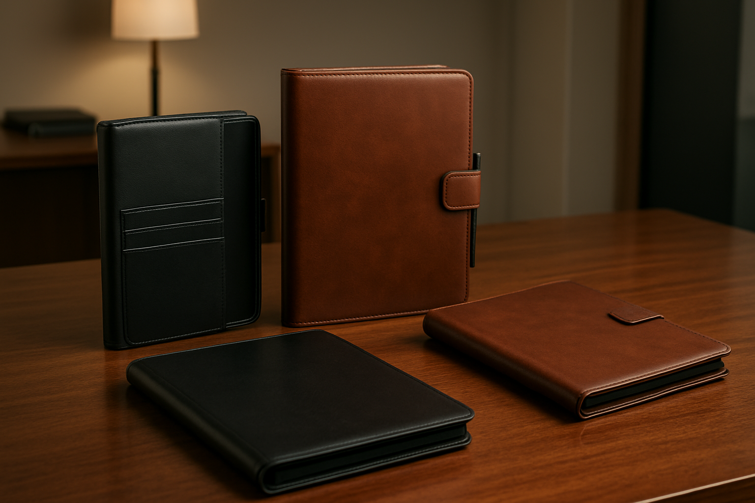 Create a realistic image of elegant premium leather Samsung Galaxy Tab A9+ cases displayed on a polished wooden desk in a sophisticated business office setting, featuring multiple case styles including black genuine leather portfolio cases with card slots, brown executive leather folios with pen holders, and sleek business-style cases with magnetic closures, soft ambient lighting creating warm reflections on the leather surfaces, clean minimalist background with subtle office elements, professional atmosphere conveying luxury and functionality, absolutely NO text should be in the scene.