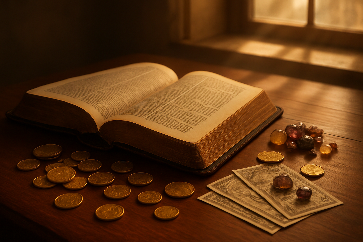 Create a realistic image of an open ancient leather-bound Bible with gold-edged pages placed on a polished wooden desk, surrounded by scattered gold coins, paper currency, and a small pile of precious stones, with warm golden sunlight streaming through a window casting gentle shadows across the scene, creating an atmosphere of wisdom and prosperity. Absolutely NO text should be in the scene.